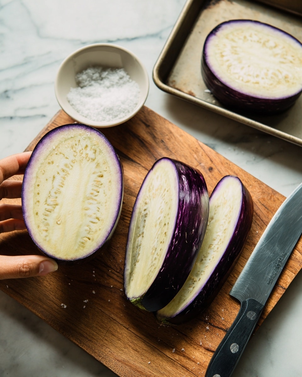 A woman's hand is holding a thick slice of eggplant above a wooden cutting board. Two more thin slices of eggplant lie flat on the board next to the held slice. A large knife with a black handle rests to the right on the cutting board. In the background, there is a metal baking tray on a white marbled surface, holding a round slice of eggplant and a small square white bowl filled with coarse salt. The textures show the smooth, pale inner flesh of the eggplant with scattered seeds and dark purple skin edges. The lighting is natural and soft. Photo taken with an iphone --ar 4:5 --v 7