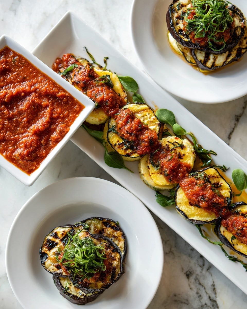 The image shows two white dishes on a white marbled surface. On the long rectangular plate, there is a neat row of alternating grilled eggplant slices, dark purple on edges with a light-seared inside, and bright yellow rounds of grilled polenta. A red sauce with a chunky texture is drizzled over the middle, with fresh green leafy herbs placed on top as garnish. The round white plate holds two yellow polenta rounds placed over two grilled eggplant slices, topped with more of the same red sauce and some fresh green herbs in the center. A small white square bowl filled with red chunky sauce is also visible near the dish. Photo taken with an iphone --ar 4:5 --v 7