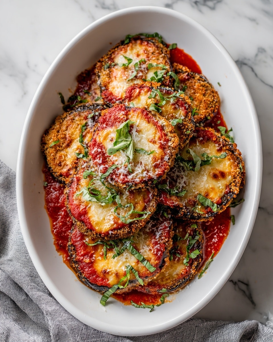 A white oval dish holds six round eggplant slices, each layered with a golden-brown crispy crust, a rich red tomato sauce layer, and topped with melted, slightly browned cheese sprinkled with grated cheese and small bits of green herbs. Bright green fresh basil leaves and chopped herbs are scattered around and on top of the slices, adding a fresh pop of color. The dish sits on a white marbled surface with a light striped cloth partially visible beside it photo taken with an iphone --ar 4:5 --v 7