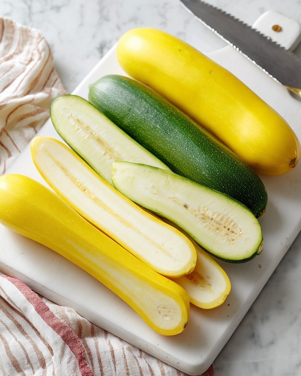 The image shows a white cutting board placed on a white marbled surface with a striped cloth and serrated knife nearby. On the board are two yellow squash and two green zucchini, each sliced lengthwise into halves. The yellow squash halves display a pale yellow inside with small seeds in the center, and their bright yellow skin edges curve gently. The zucchini halves show a light green, slightly textured inner flesh with white seeds and a dark green skin border. The slices are lined up in two pairs with the cut sides facing upward, highlighting the smooth, fresh texture of both vegetables. photo taken with an iphone --ar 4:5 --v 7