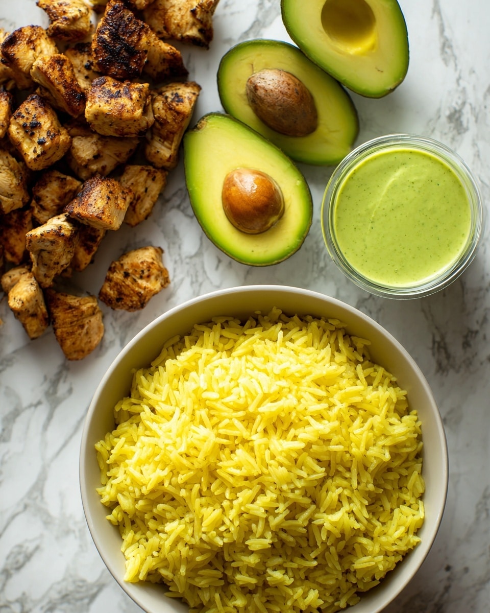 The image shows a close-up of a white bowl filled with yellow rice on a white marbled surface. Next to the bowl, there is a pile of grilled chicken pieces with a lightly charred texture and dark brown color. Below the chicken, there are three halved avocados with smooth, bright green flesh and dark brown pits in the center. To the right of the avocados, there is a small clear glass container filled with a green sauce, smooth in texture. The whole scene is bright and natural. Photo taken with an iphone --ar 4:5 --v 7