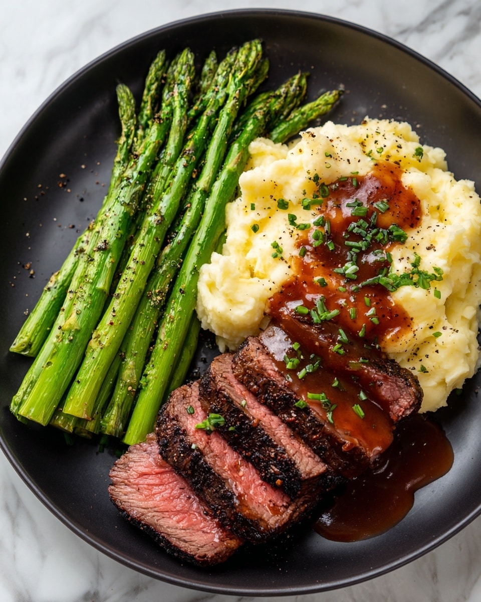 A white plate holds three main sections: on the left, a neat bundle of vibrant green asparagus spears, lightly charred with a sprinkling of black pepper; in the center right, five slices of medium-rare steak with a juicy pink center and browned edges, topped with a glossy reddish-brown sauce and small green chives; beneath the steak, a creamy mound of mashed potatoes with a smooth texture, drizzled artistically with more sauce and sprinkled with chives. The plate sits on a white marbled surface photo taken with an iphone --ar 4:5 --v 7