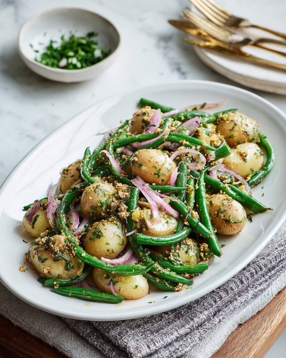 A large bowl filled with a salad that has bright green beans and sliced yellow baby potatoes mixed together, sprinkled with white crumbled cheese and dark purple olives scattered throughout. The salad also has bits of fresh green herbs on top. The bowl sits on a white marbled surface with two small square bowls nearby, one filled with white cheese and the other with dark purple olives. There are two glasses of pale yellow drink at the side, along with lemon wedges placed around, and silver serving utensils resting on a white and black striped cloth under the bowl. photo taken with an iphone --ar 4:5 --v 7