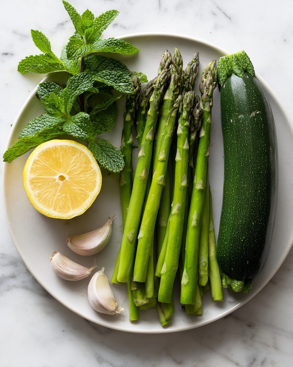 The image shows a white plate with fresh green asparagus stalks lined up in the middle, their tips pointing upward. To the left of the asparagus, there is a bright yellow lemon half with a smooth texture, two garlic cloves with light purple stripes, and a small bunch of fresh green mint leaves with textured, veined surfaces. To the right of the asparagus, a whole green zucchini rests horizontally, showing its smooth and shiny skin. The plate is placed on a white marbled surface that adds a clean and elegant background to the arrangement. photo taken with an iphone --ar 4:5 --v 7