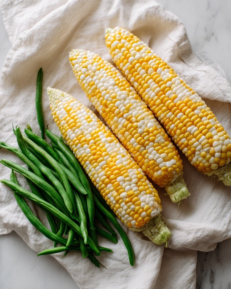 The image shows three ears of yellow and white corn lying side by side on a white cloth with soft folds, which is placed on a surface that looks like white marble. Next to the corn, there are fresh bright green beans scattered in small groups on the cloth, with three main clusters visible. The corn has a smooth, slightly shiny texture, while the green beans are long and slender with a matte finish. The overall setting is simple, natural, and bright, with soft light highlighting the colors and textures of the vegetables. photo taken with an iphone --ar 4:5 --v 7