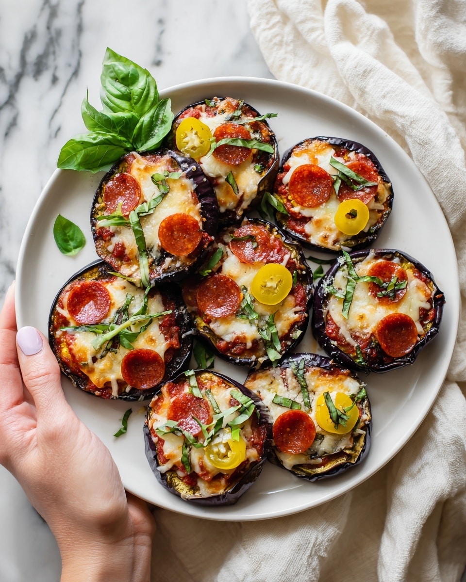 The dish shows a white oval plate filled with small round mini pizzas made on eggplant slices. Each slice has a dark purple edge with a light, soft middle. The first layer is a red tomato sauce topped with melted white cheese, which looks soft and stretchy. On top, there are thin pepperoni pieces with a dark red color. Some slices are decorated with fresh green basil leaves and others have sliced yellow pepper rings and sprinkled fine light-colored cheese. The plate stands on a white marbled surface with some scattered green leaves and a yellow bowl with red pepper flakes blurred in the background. Photo taken with an iphone --ar 4:5 --v 7