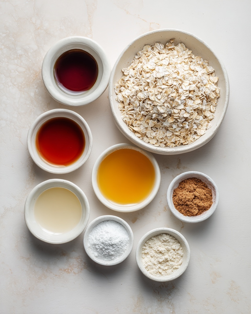 The image shows a white marbled surface with several small white bowls and cups arranged neatly. On the top right, there is a white bowl filled with dry oats that have a light beige color and a rough texture. Surrounding this bowl are smaller white dishes with different liquids and powders: a reddish-brown liquid, a dark brown liquid, a golden-yellow liquid, a clear pale yellow liquid, a small heap of white powder, and a tiny portion of brown powder. All items are spaced evenly on the surface, creating a clean and organized look. Photo taken with an iphone --ar 4:5 --v 7