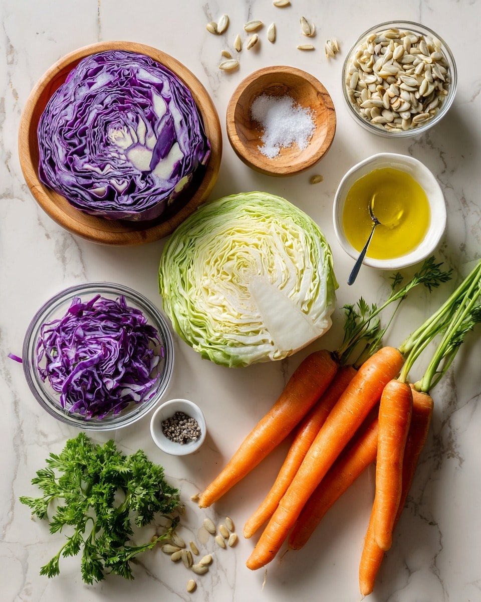 The image shows fresh ingredients arranged on a white marbled surface. There is a halved purple cabbage with its deep violet and white layers visible and a small glass bowl filled with shredded purple cabbage below it. Next to these is a halved green cabbage showing its pale green and white layers. Nearby is a small wooden dish holding salt and pepper. A wooden bowl filled with chopped green onions sits beside three whole bright orange carrots with green tops attached. Fresh green parsley sprigs lie to the right of the carrots. Above the cabbages is a small white bowl filled with light brown sunflower seeds. Next to it is a glass bowl with a yellow dressing and a spoon inside. The overall scene looks fresh and colorful. Photo taken with an iphone --ar 4:5 --v 7