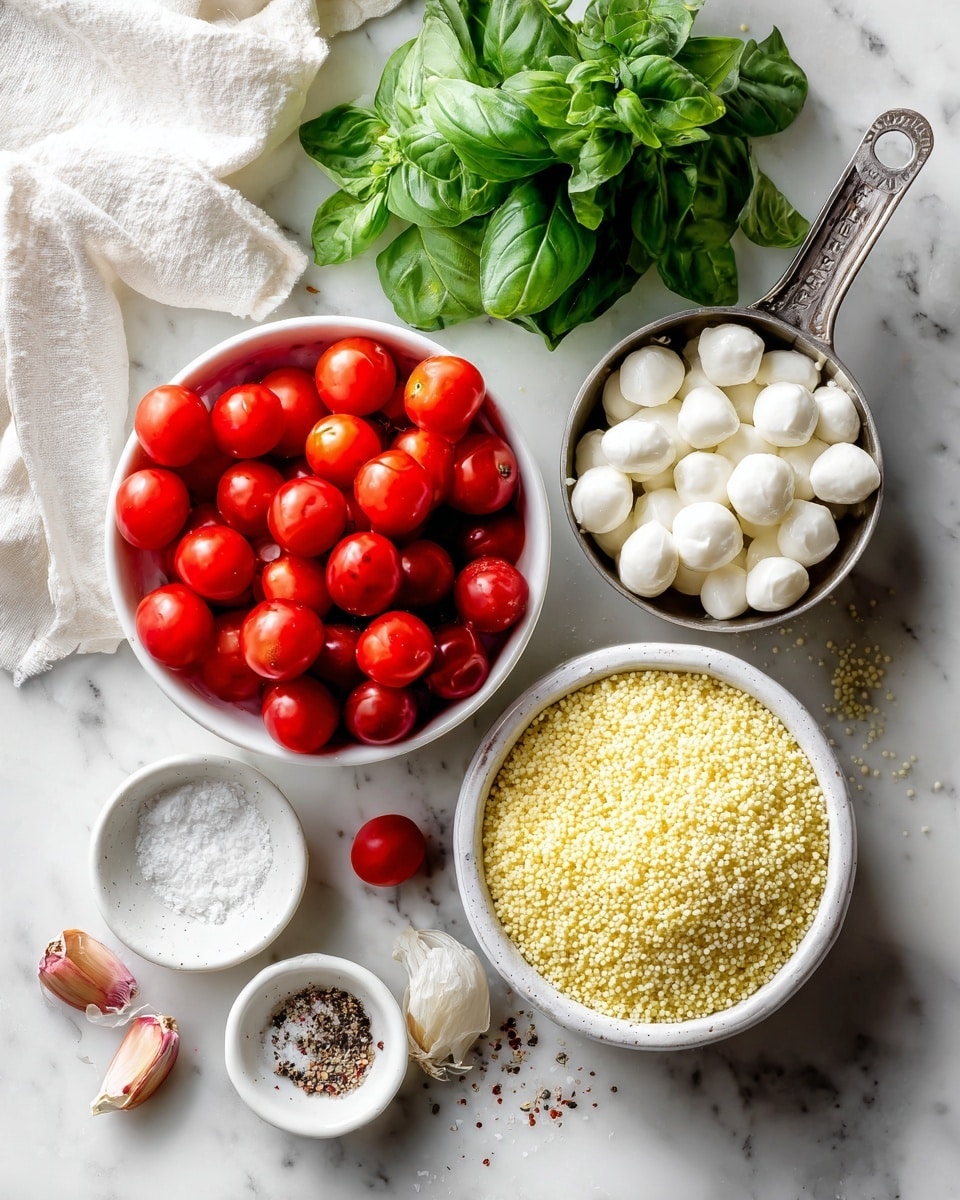 The image shows several ingredients arranged on a white marbled surface: a white bowl filled with bright red cherry tomatoes on the left, a metal measuring cup filled with yellow couscous on the upper right, and a white bowl of small white mozzarella balls at the bottom right. There is a bunch of fresh green basil leaves above the couscous, and around the bowls, there are garlic cloves, a small white bowl with coarse salt, and another small white dish with crushed black pepper. A white cloth is placed on the top left corner. Photo taken with an iphone --ar 4:5 --v 7
