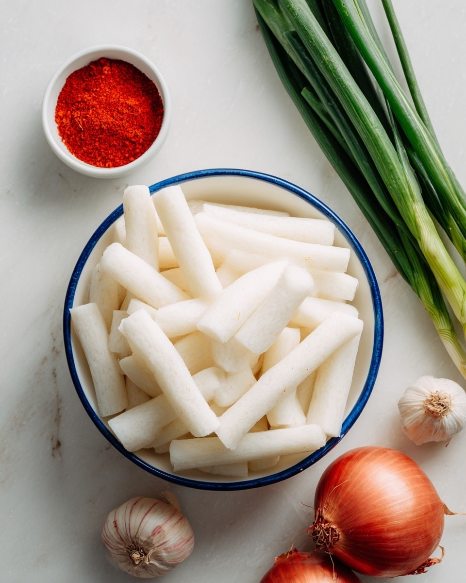 A white bowl with a blue rim is filled with many short, thick, white rice cake sticks that look smooth and slightly shiny. To the top right of the bowl, there is a bunch of fresh green onions with long green stalks. Above the bowl and to the left is a small white cup holding bright red chili powder. Below the bowl, near the bottom right corner, there are two whole red onions, which are round and smooth, and a garlic bulb with its papery skin still on. The items are placed on a white marbled surface, making the colors of the ingredients stand out. Photo taken with an iphone --ar 4:5 --v 7