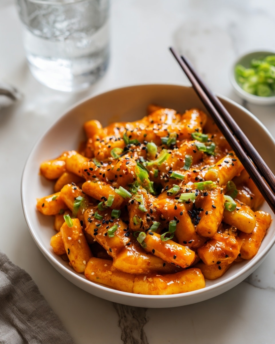 A shallow white bowl is filled with bright orange rice cakes coated in a shiny, thick sauce. Mixed in are green onion pieces and thin, cooked slices of onions, all dusted with small black sesame seeds. Two dark brown chopsticks rest diagonally on the bowl’s rim. The bowl sits on a white marbled surface, with a glass cup and part of another white dish visible nearby. A light-colored cloth napkin is partially in view near the bowl. Photo taken with an iphone --ar 4:5 --v 7