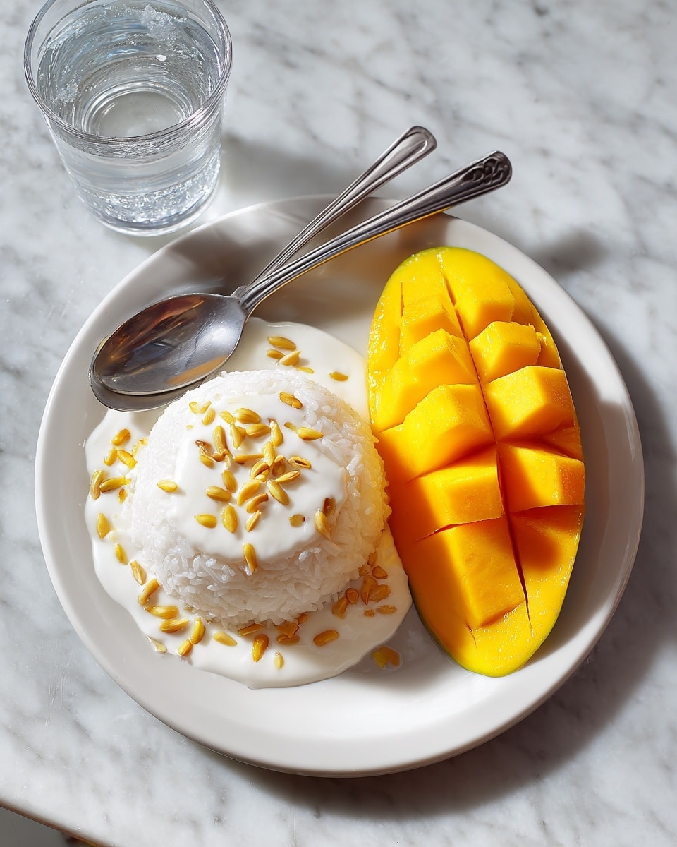 The image shows a white plate with a mound of sticky rice on the top left, half-covered by a thick white coconut sauce with small yellow mung beans sprinkled on top. On the bottom right of the plate, there is a neatly cubed bright orange mango, the pieces arranged in a grid pattern but still attached to the skin. A metal fork and spoon rest side by side on the right edge of the plate. The plate is placed on a white marbled surface, with a glass of water nearby and a soft focus of other dishes in the background. photo taken with an iphone --ar 4:5 --v 7