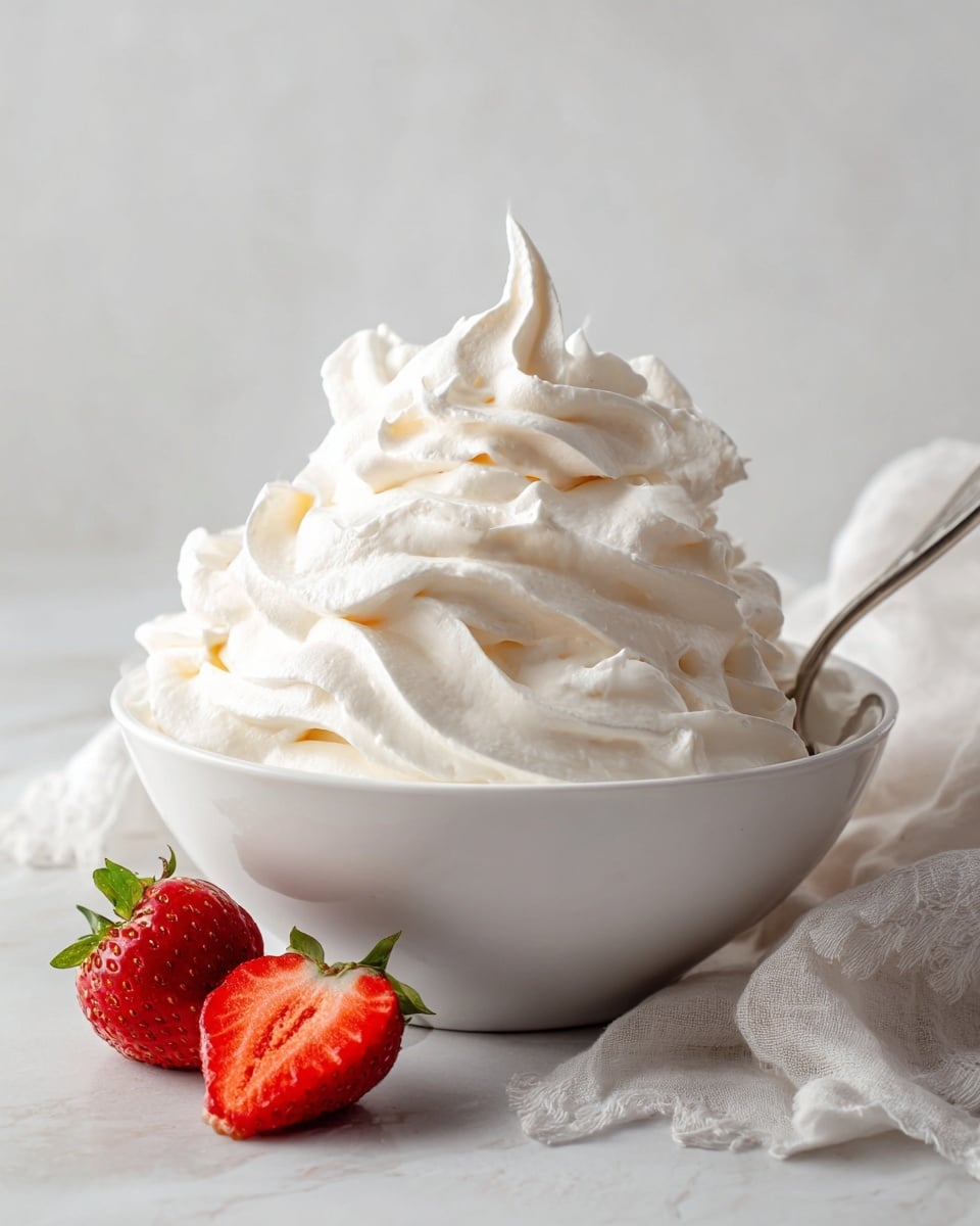 A large white bowl filled with a thick, smooth white cream or whipped topping piled high with soft peaks, with a silver spoon resting inside the bowl on the right side. In front of the bowl, there are two fresh strawberries, one whole and one sliced in half, sitting on a white marbled surface. The background is plain and light, emphasizing the texture and layers of the creamy topping and the bright red strawberries. photo taken with an iphone --ar 4:5 --v 7
