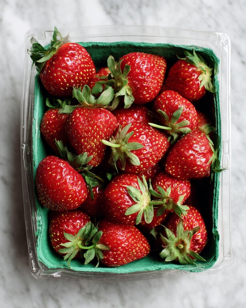 A green cardboard container filled with many fresh red strawberries, each with small yellow seeds and green leafy tops, some facing upward showing their full green tops, resting inside a clear plastic container on a white marbled textured surface. photo taken with an iphone --ar 4:5 --v 7