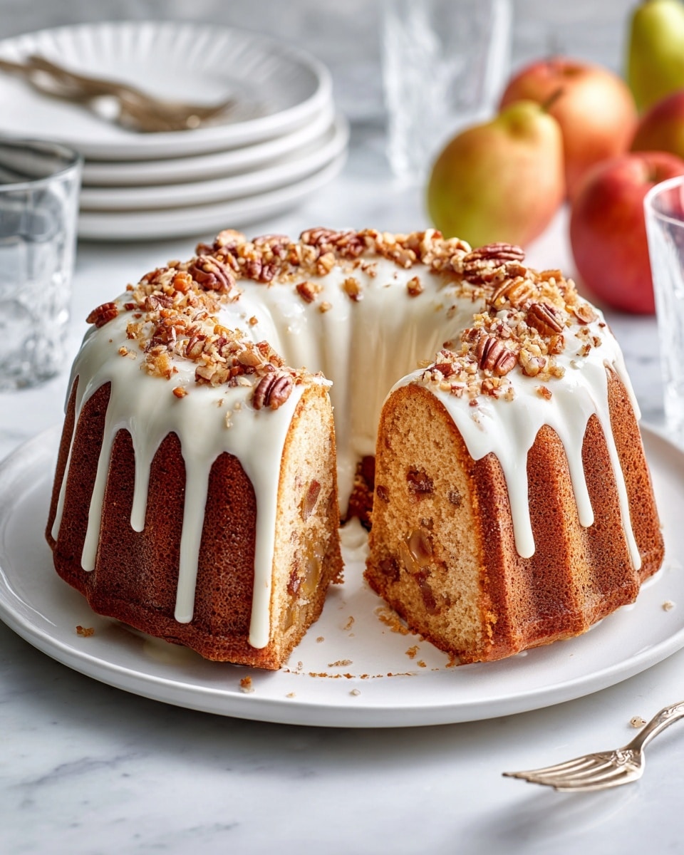 A round bundt cake with a golden brown color sits on a white plate against a white marbled surface. The cake is topped with a thick white icing that drips down the sides in uneven lines, sprinkled with small pieces of chopped nuts. One slice is cut out, showing an inner layer of lighter, moist cake with a soft, slightly chunky filling that is a pale yellow color. In the background, there are glasses and a yellow apple, along with a red fruit, adding soft colors to the scene. Photo taken with an iphone --ar 4:5 --v 7