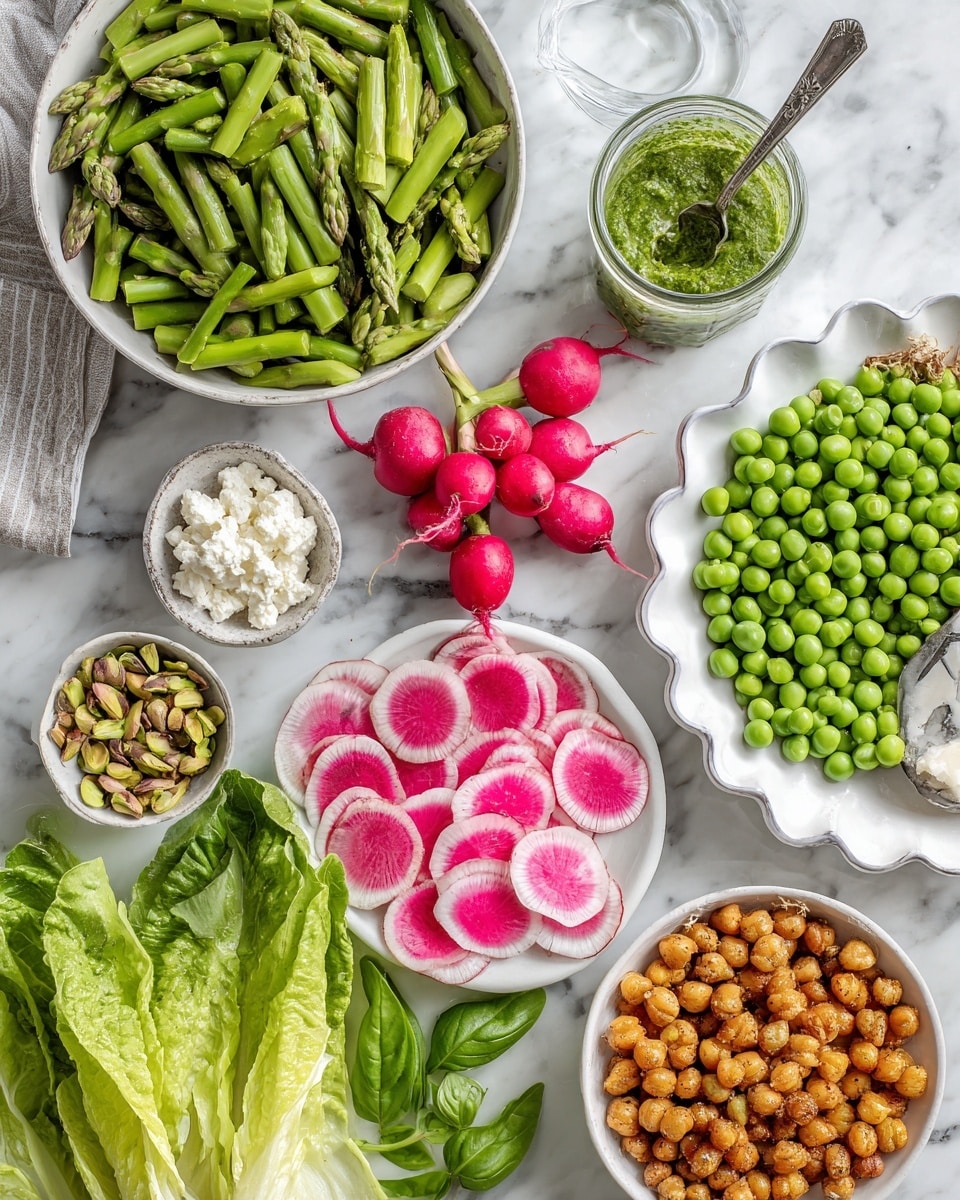 The image shows an overhead view of various fresh ingredients arranged on a white marbled surface. At the top left, a large white bowl is filled with bright green asparagus pieces cut into short sections. Below that, a white scalloped plate is full of round, vibrant green peas. Near the center, a small cluster of whole radishes with red outer skin and white insides sits next to a small bowl filled with thin, round red and white radish slices. To the right, a glass jar holds a green sauce with a spoon inside, and next to it is a small white bowl with chopped pistachios. At the bottom right, a large white bowl contains golden brown roasted chickpeas. In the lower left corner, there is a small bowl with crumbled white cheese, and above that, a small white plate with pink and white watermelon radish slices. Near the center bottom, there are fresh green basil leaves and large, bright green butter lettuce leaves arranged loosely. The composition is bright, fresh, and colorful with clear textures visible in each ingredient. photo taken with an iphone --ar 4:5 --v 7
