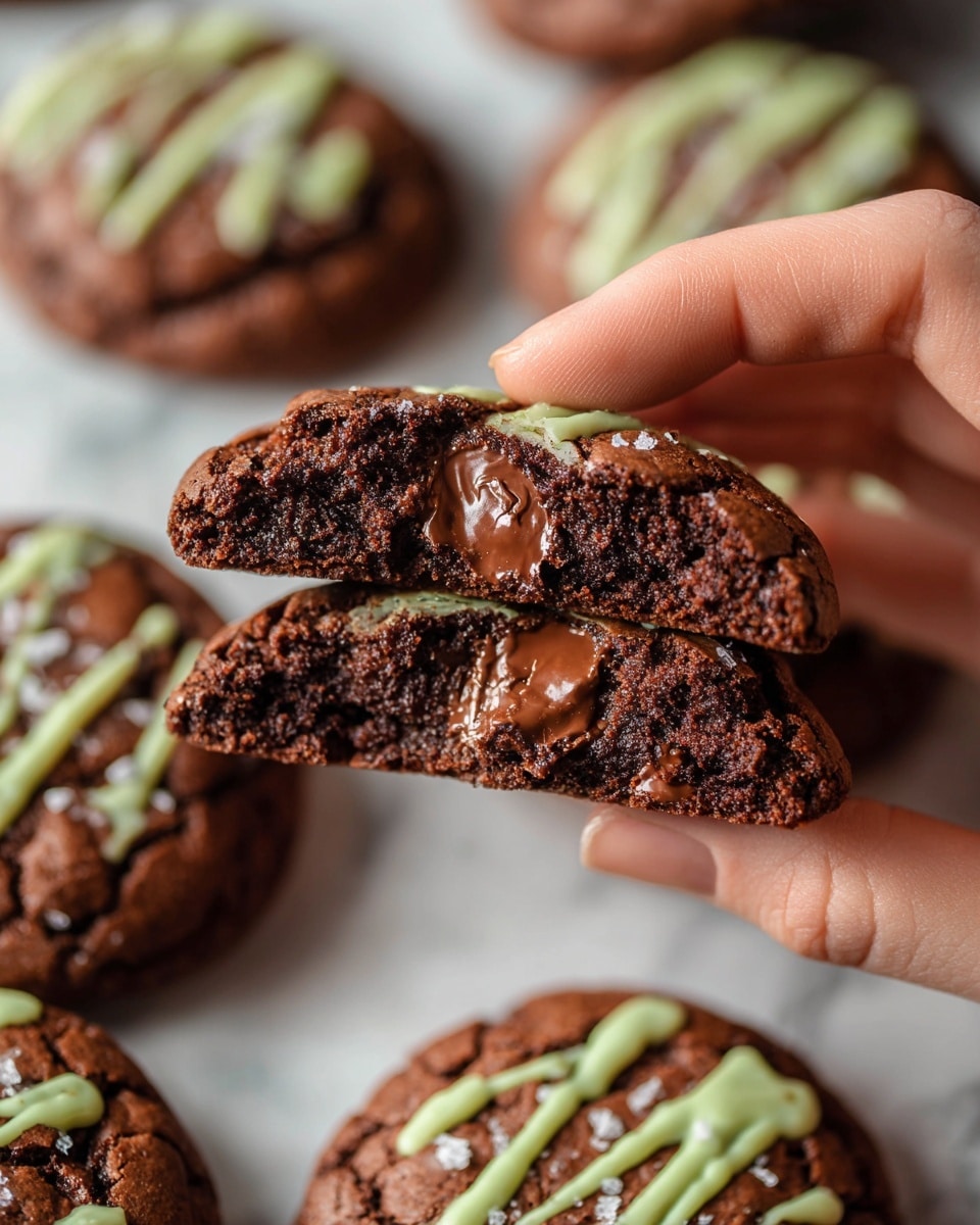 A close-up view of a woman's hand holding half of a dark chocolate cookie showing its soft, moist inside with chocolate chunks. Below and around the hand, there are several whole round chocolate cookies on a white marbled surface, some decorated with drizzles of light green icing and a sprinkle of flaky salt. The cookies have a rich, cracked texture with a deep brown color. The warm light highlights the shiny melts and the rough edges of the cookies photo taken with an iphone --ar 4:5 --v 7
