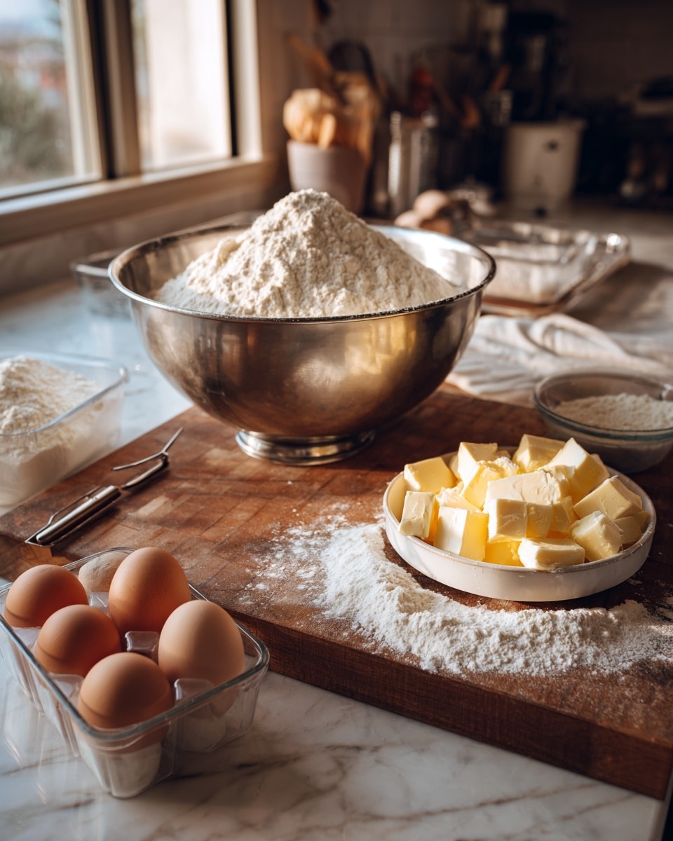 A large silver mixing bowl sits on a wooden board with a mound of white flour inside. Next to it is a small pile of flour on the board with a metal baking tool beside it. In front, a white dish holds many yellow cubes of butter. To the left of the butter, there is a clear plastic egg container holding five brown eggs, and behind that, a small glass bowl contains more flour. The background shows a white marbled countertop with a window and some kitchen items in soft focus. The lighting is warm and natural, highlighting the textures of the ingredients. photo taken with an iphone --ar 4:5 --v 7