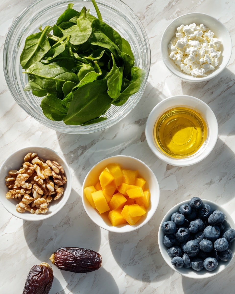 The image shows eight small white bowls and a clear glass bowl arranged on a white marbled surface. The large clear glass bowl at the top left is filled with fresh green spinach leaves. To the right, a small white bowl holds golden-yellow liquid, likely honey or dressing. Next is a small white bowl with small, white, crumbly cheese pieces. Below these, moving left to right, there's a small white bowl filled with bright orange cubed mango pieces, next to a small white bowl holding chopped walnuts. At the bottom left, a small white bowl contains plump, dark blue blueberries. In front, a small date fruit lies on the surface. The colors are fresh and vibrant with a mix of green, orange, blue, golden, and white. The lighting is natural and soft, enhancing the freshness of the ingredients. Photo taken with an iphone --ar 4:5 --v 7