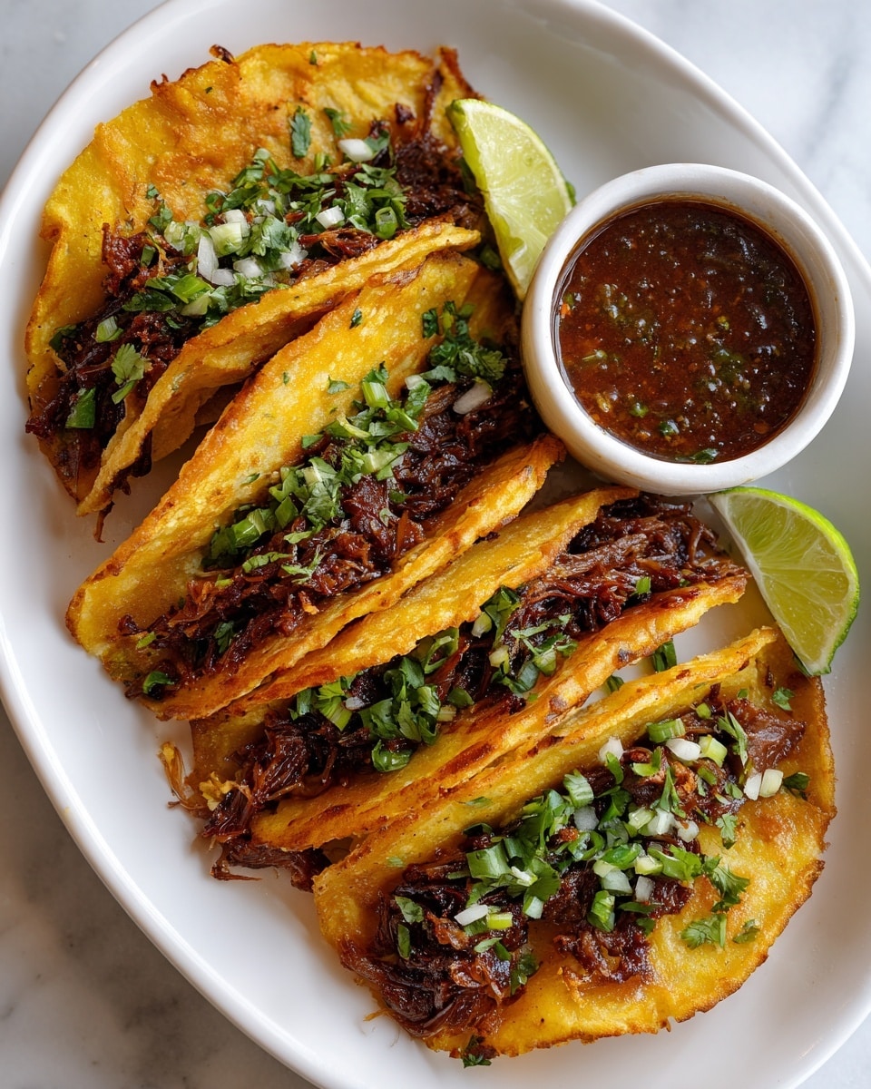 A white oval plate sits on a white marbled surface, filled with four large golden brown tacos stacked and filled generously with dark, crispy meat. The tacos are topped with small pieces of chopped green onions and fresh cilantro. On the side of the plate, there is a quarter of a lime with bright green skin and pale inside. To the right of the plate, a small white bowl is filled with thick dark reddish-brown salsa. The tacos and their rich fillings contrast well with the clean, bright surface and white dish. Photo taken with an iphone --ar 4:5 --v 7