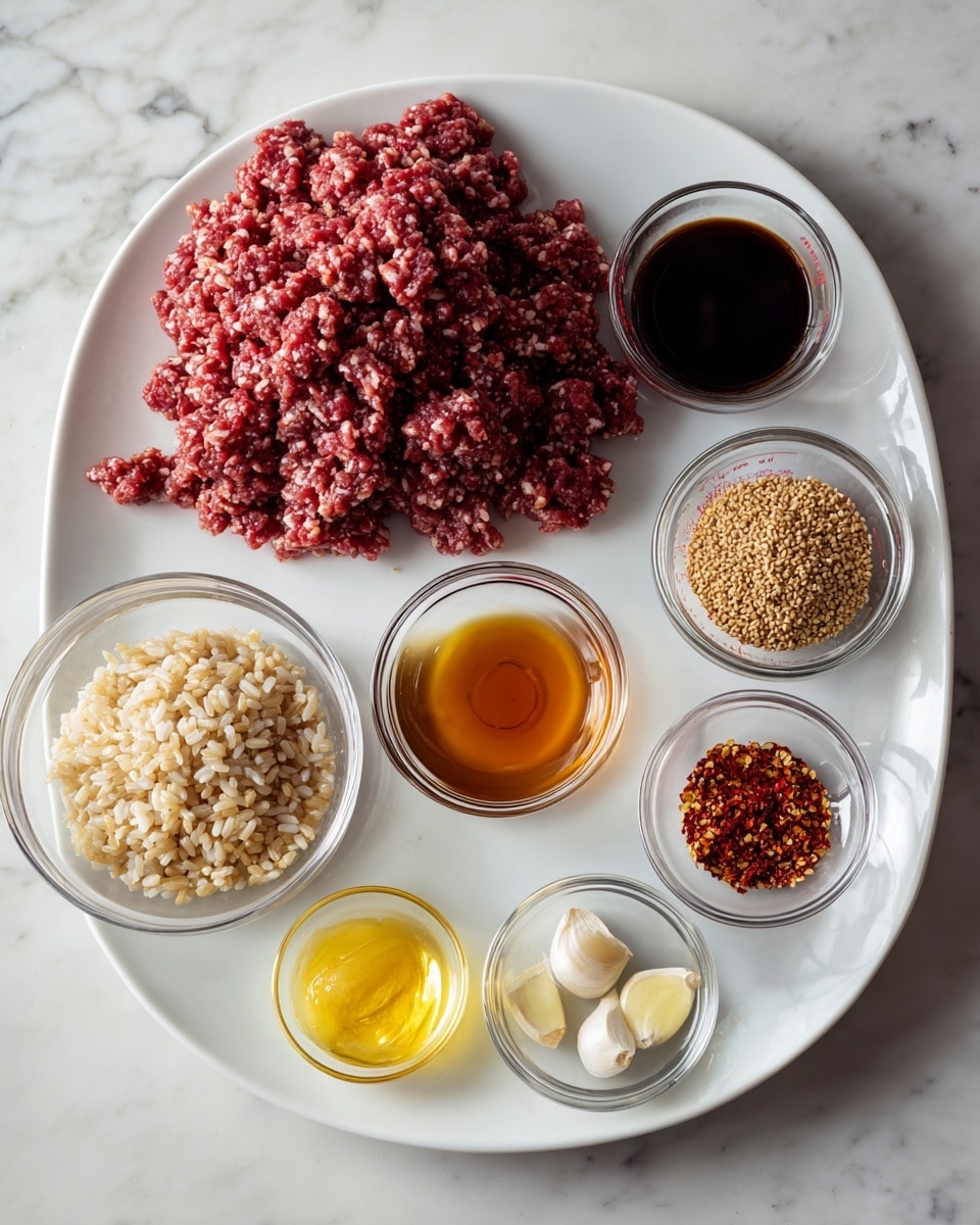 A white large round plate holds a pile of raw ground meat with a mix of dark red and brown colors, positioned at the top right side. Below and left of the plate are seven clear glass containers: a large bowl of cooked brown rice with a slightly sticky texture, to its top right a small bowl of packed brown sugar with a grainy look, above that a medium measuring cup with a dark soy sauce liquid, in the middle a very small bowl with amber liquid, next to it a slightly larger bowl of light yellow garlic paste, on the right a small bowl of whole garlic cloves, next to it a tiny bowl of sesame seeds, and below the amber liquid a small bowl with red chili flakes. All are placed on a white marbled surface. Photo taken with an iphone --ar 4:5 --v 7