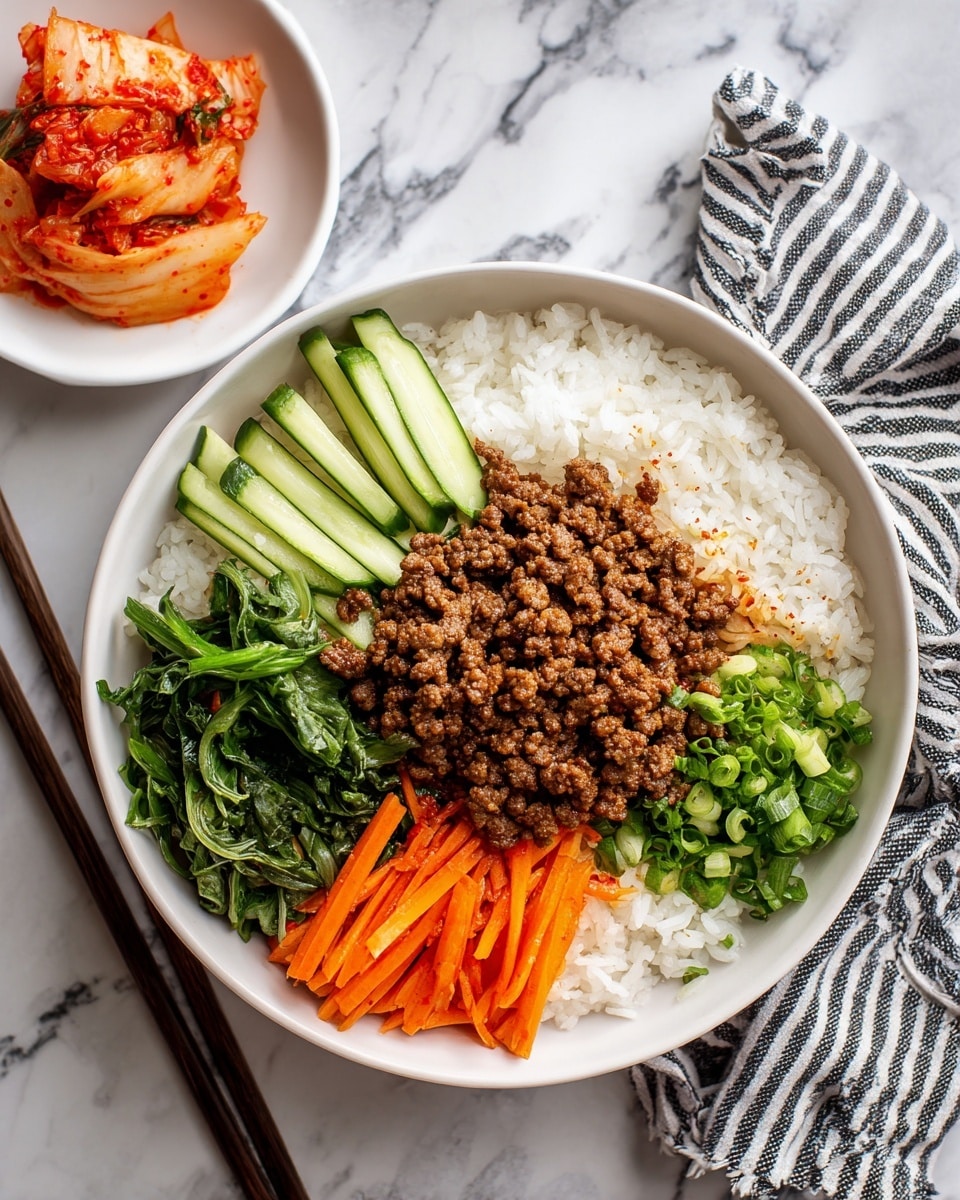 A white bowl is filled with a layered dish featuring steaming white rice as the base. On top of the rice, there are sections of cooked ground meat that is brown and crumbly, thin cucumber slices arranged in a neat row with a fresh green color, bright orange carrot sticks that are thin and crunchy-looking, chopped green leafy vegetables set on one side, and a small pile of red-orange kimchi with a slightly shiny texture. Two chopsticks rest on the edge of the bowl. Nearby, a smaller white bowl also holds kimchi. The scene is set on a white marbled surface with a black and white striped cloth napkin to the side. photo taken with an iphone --ar 4:5 --v 7