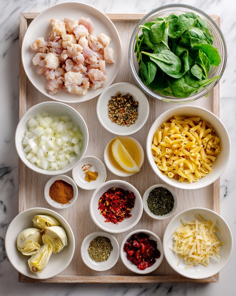 A top-down view of various cooking ingredients arranged neatly on a wooden tray over a white marbled surface. In the upper left, there is a white plate with many small pieces of raw light pink chicken. To its right, a clear plastic container with fresh bright green spinach leaves. Below the chicken plate, a white bowl filled with chopped white onion pieces. Next to it, a small white bowl with minced pale yellow garlic. To the right, a larger white bowl filled with uncooked yellow orzo pasta. Below the orzo is another white bowl holding quartered, pale yellow artichoke hearts. Scattered around are smaller white bowls containing different spices and ingredients including light brown mustard, red chili flakes, green mixed dry herbs, yellow lemon zest, bright red sun-dried tomatoes in oil, pale yellow lemon juice, shredded white cheese, and ground black pepper. Everything is cleanly arranged and well-lit. photo taken with an iphone --ar 4:5 --v 7