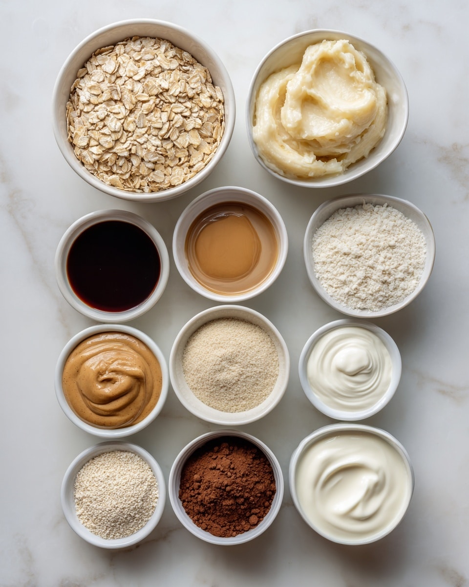 The image shows fifteen small white bowls arranged neatly on a white marbled surface, each filled with different ingredients. The largest bowl at the top left contains light brown rolled oats with a rough texture. To its right, a smaller bowl holds mashed bananas with a soft, creamy texture in a pale yellow color. Next to it is a bowl with a smooth white liquid, likely a type of milk. Below these are bowls with light brown creamy nut butter, tan liquid, dark coffee-like liquid, amber syrup, and rich brown cocoa powder with a fine texture. Other bowls contain various shades of white and beige powders and grains, some fluffy and some fine, as well as a bowl with smooth white yogurt or cream with a swirled texture. Each bowl presents its contents clearly with natural lighting and no other items visible. Photo taken with an iphone --ar 4:5 --v 7