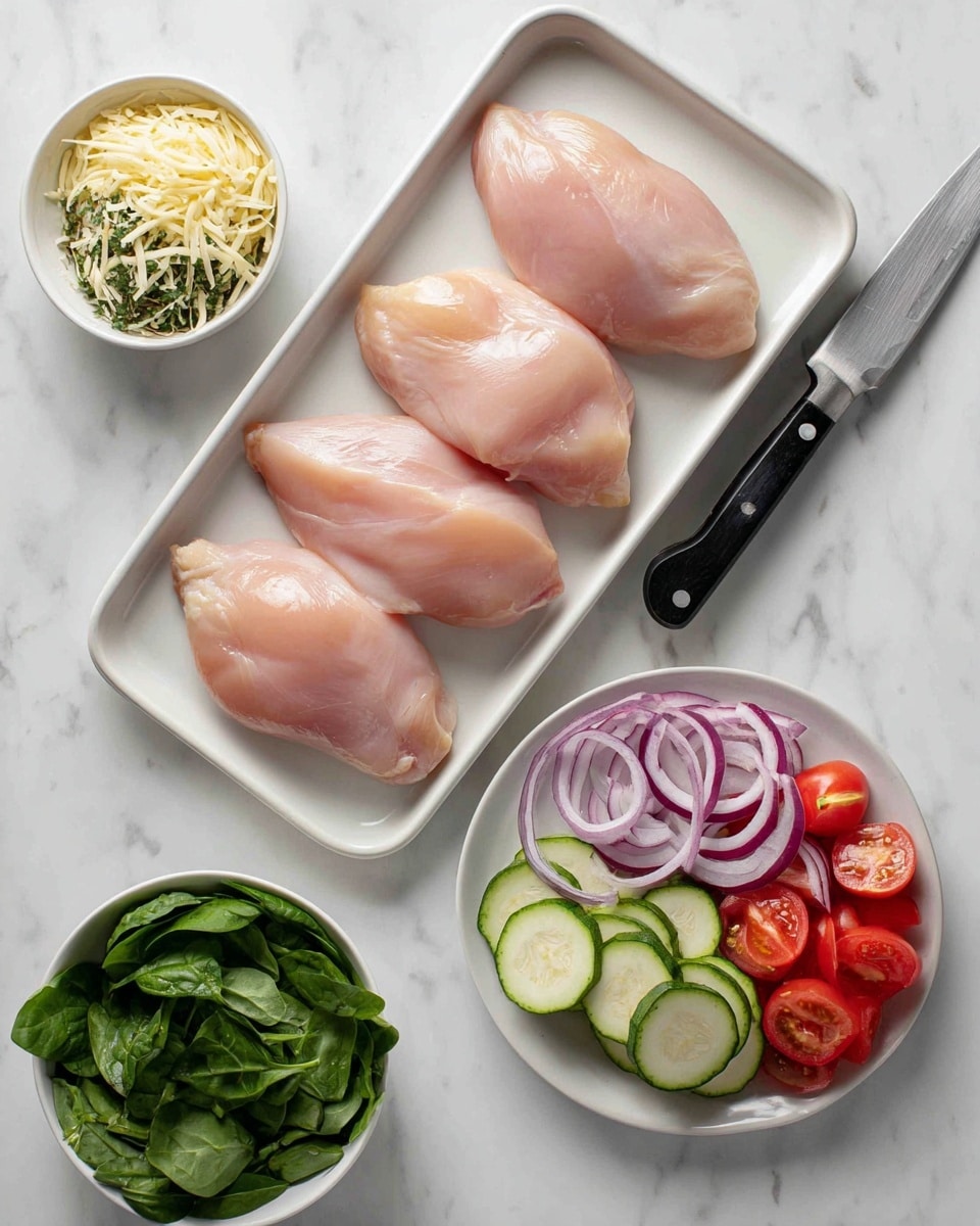 The image shows four pieces of raw chicken placed on a white tray on a white marbled surface. To the top right of the tray, there are two small white bowls filled with shredded cheese and herbs. At the bottom left of the tray, there is a small white bowl with fresh green spinach leaves. On the right side of the image, a large white plate holds sliced red onions, zucchini, and tomatoes arranged in separate sections. A knife with a black handle is positioned above the chicken. photo taken with an iphone --ar 4:5 --v 7