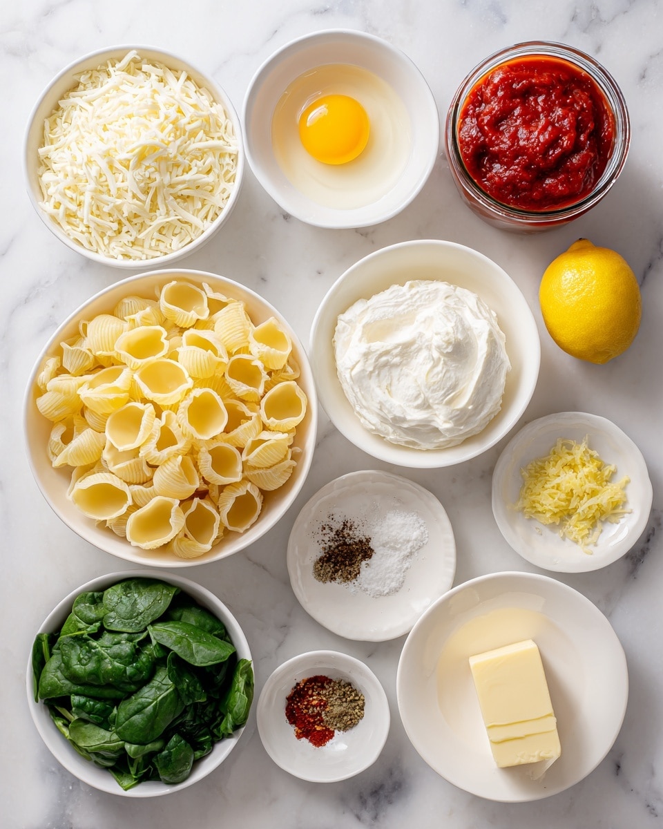 The image shows a top view of various ingredients arranged neatly on a white marbled surface. Starting from the top left, there is a white bowl filled with shredded white cheese, next to it a small white bowl containing a raw egg yolk in clear egg white. Just below, a large white bowl holds uncooked yellow conchiglie pasta shells. To the right, a glass jar filled with chunky red tomato sauce is open. Below the jar is a white bowl of smooth ricotta cheese. A small white plate contains a stick of yellow butter, next to a small beige bowl with bright yellow lemon zest, positioned near a whole lemon. Below, a small white bowl has a little minced garlic or ginger. A shallow white dish holds a combination of salt, black pepper, dried herbs, and red pepper flakes. A round white bowl contains grated pale yellow Parmesan cheese. In the bottom middle, a white bowl is full of chopped fresh green spinach leaves. Finally, a small glass cup holds a small amount of light golden olive oil. All items are placed with clear space between each, set against the clean white marbled background. photo taken with an iphone --ar 4:5 --v 7