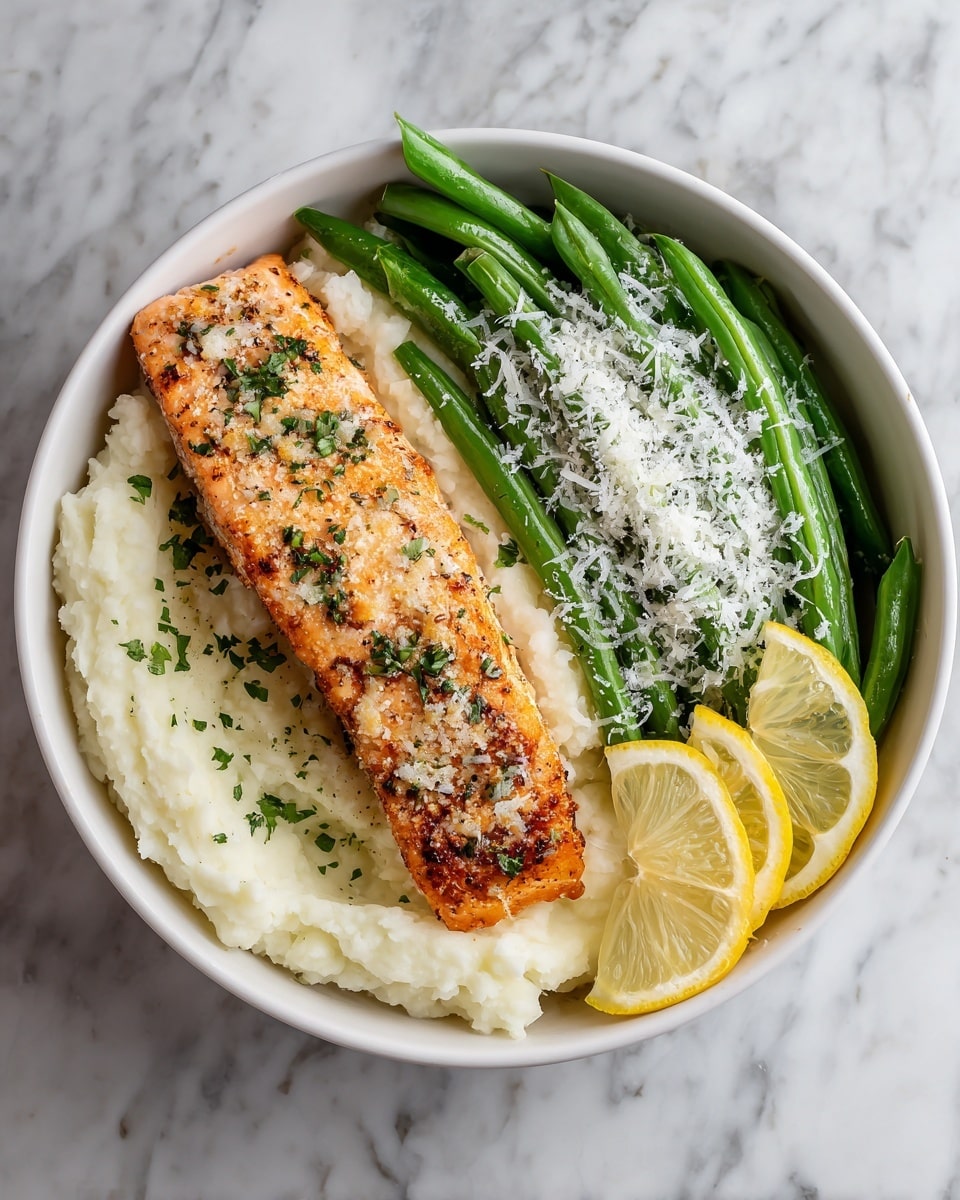 A white bowl holds a meal arranged in three layers: at the bottom is a smooth, creamy white mashed potato layer, topped on the left side by a golden-brown cooked salmon fillet with a slightly crispy texture and sprinkled with green herbs. To the right of the salmon, there is a neat row of green beans with a bright green color, garnished with grated white cheese. Two lemon slices rest on the edge of the bowl. The bowl is placed on a white marbled surface. Photo taken with an iphone --ar 4:5 --v 7