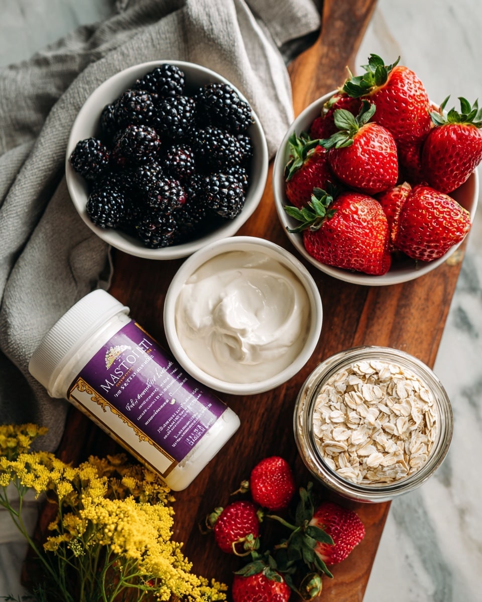 The image shows a wooden table with three white dishes and one container. One white bowl is filled with blackberries, and another white bowl contains strawberries with green leaves on top. Next to the bowls is a container of mascarpone cheese with a purple label. There is also a glass jar filled with oatmeal on the table, and a gray cloth is placed to the side. A small bunch of yellow flowers is on the table’s edge. The background is a white marbled texture. Photo taken with an iphone --ar 4:5 --v 7