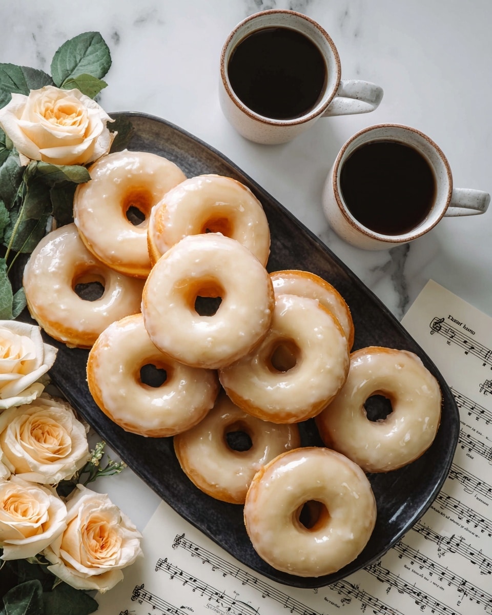 The image shows a white marbled surface covered with a worn sheet of music paper. On the paper, there are seven glazed donuts with a shiny, slightly translucent white icing, arranged in a casual cluster. Near the donuts, there are two white cups filled with brown coffee, one cup positioned top left and the other bottom right. To the left, a small bunch of pale pink roses with green leaves and water droplets lay on the paper. A black round wire rack is partly visible at the top right corner. The overall feel is soft and vintage, with the donuts and coffee looking fresh and inviting. photo taken with an iphone --ar 4:5 --v 7