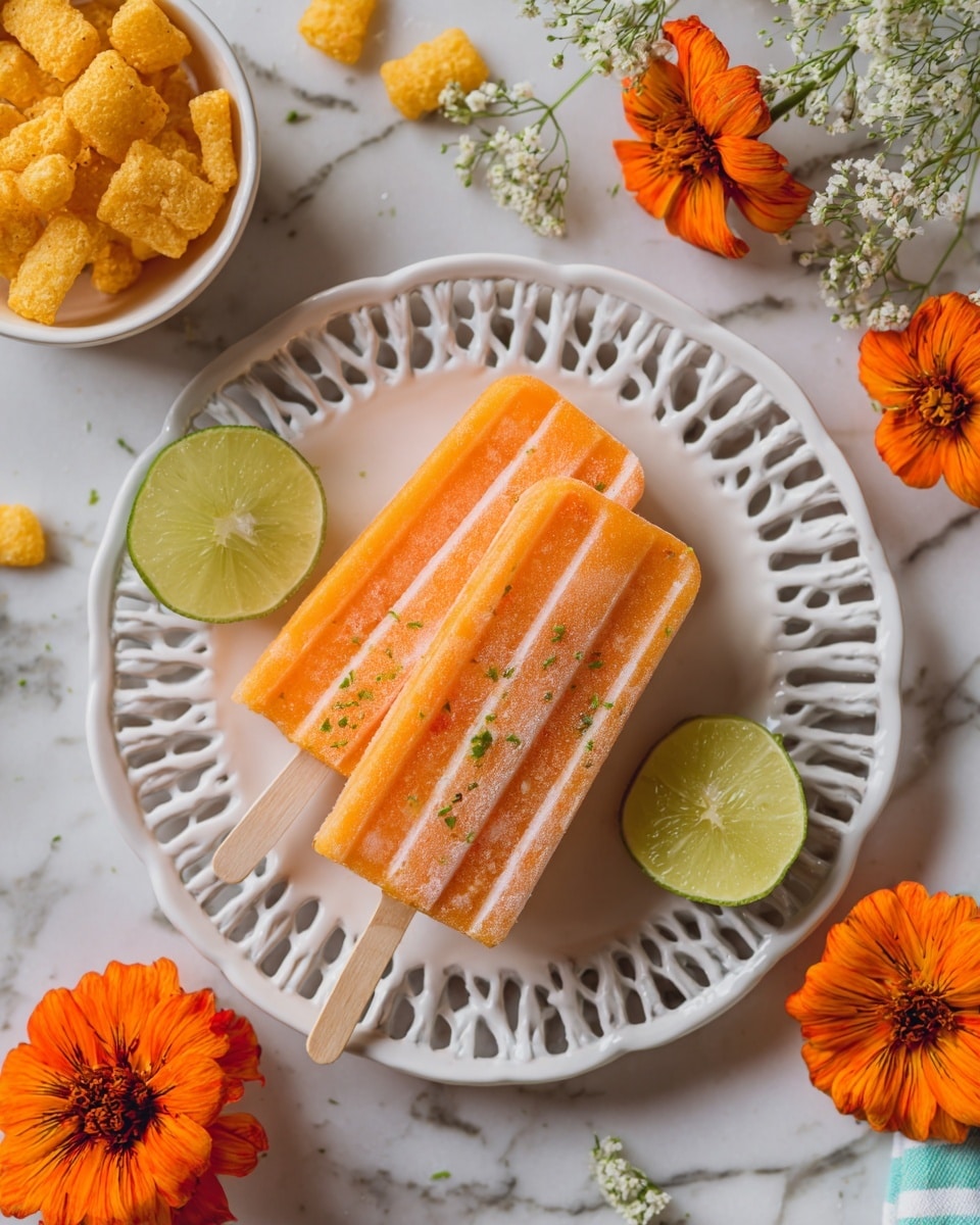 The image shows two orange popsicles with light stripes on white wooden sticks, placed on a white plate with lattice edges. The plate is on a white marbled surface. One popsicle is stacked slightly on the other. There are small green bits on the popsicles, likely lime zest. Around the plate, there are bright orange flowers with dark centers and lime wedges. In the upper left corner, a small white bowl holds yellow puffed snacks. The photo taken with an iphone --ar 4:5 --v 7