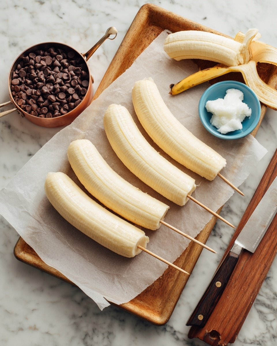 The image shows four peeled bananas, each pierced with a wooden skewer, placed on a sheet of parchment paper on a baking tray. The bananas are light yellow with smooth textures, arranged roughly parallel to each other at a slight angle. To the left, there is a small copper pan filled with dark brown chocolate chips. On the right side, a wooden cutting board holds a partially peeled banana, two banana ends, a knife with a wooden handle, and a small blue dish containing two white scoops of solid coconut oil. The scene is set on a white marbled surface. Photo taken with an iphone --ar 4:5 --v 7