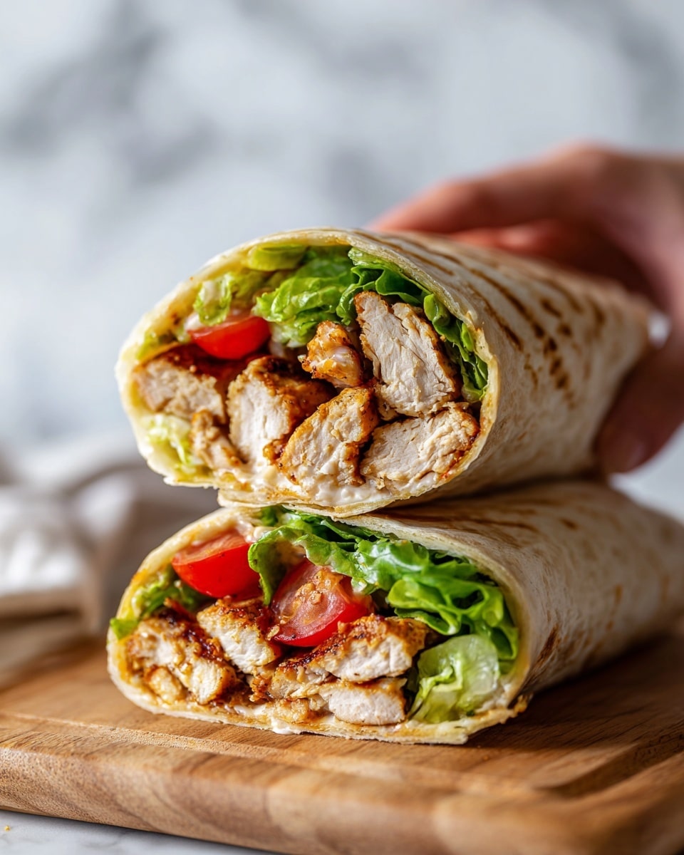 The image shows two halves of a grilled chicken wrap stacked one on top of the other on a light brown wooden board. The wrap is filled with three visible layers: the outer soft light beige tortilla, a middle layer of grilled chicken pieces with a golden brown color and slight char marks, and an inner colorful mix of fresh green lettuce leaves and bright red cherry tomato halves. The background has a white marbled texture, and a woman's hand is gently holding the top wrap half. Photo taken with an iphone --ar 4:5 --v 7