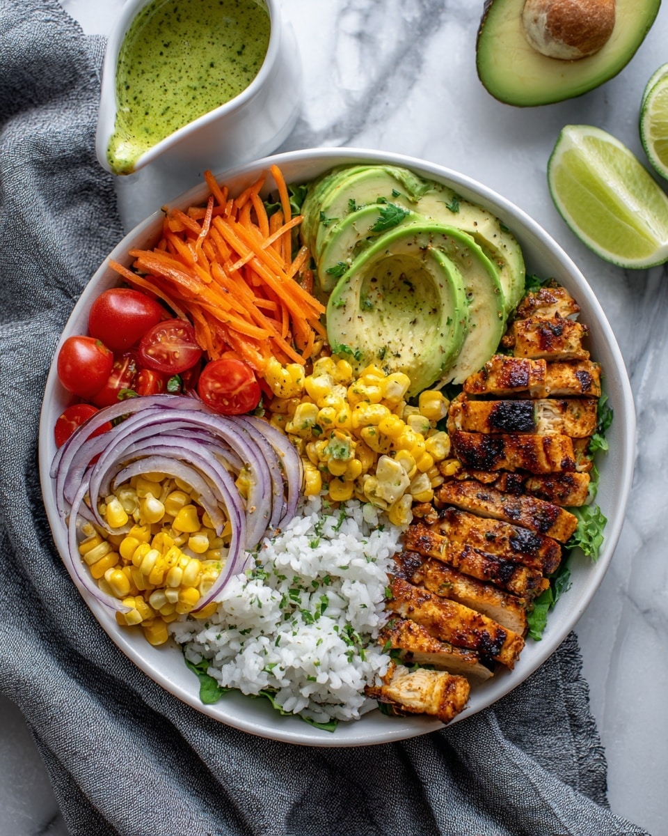 A white plate with a salad bowl holds a mix of grilled chicken strips, placed on the right side, showing char marks and a golden brown color. On the left side, there are several slices of light green avocado, thin orange carrot strings, halved red cherry tomatoes, and rings of purple onion. There is also a small pile of white rice with herbs sprinkled on top near the middle. Grilled yellow corn pieces are scattered around the salad close to the chicken. A woman's hand is pouring green dressing from a small white container over the salad. The plate sits on a gray cloth over a white marbled surface, and in the background half a lime and a wedge of avocado are visible. Photo taken with an iphone --ar 4:5 --v 7