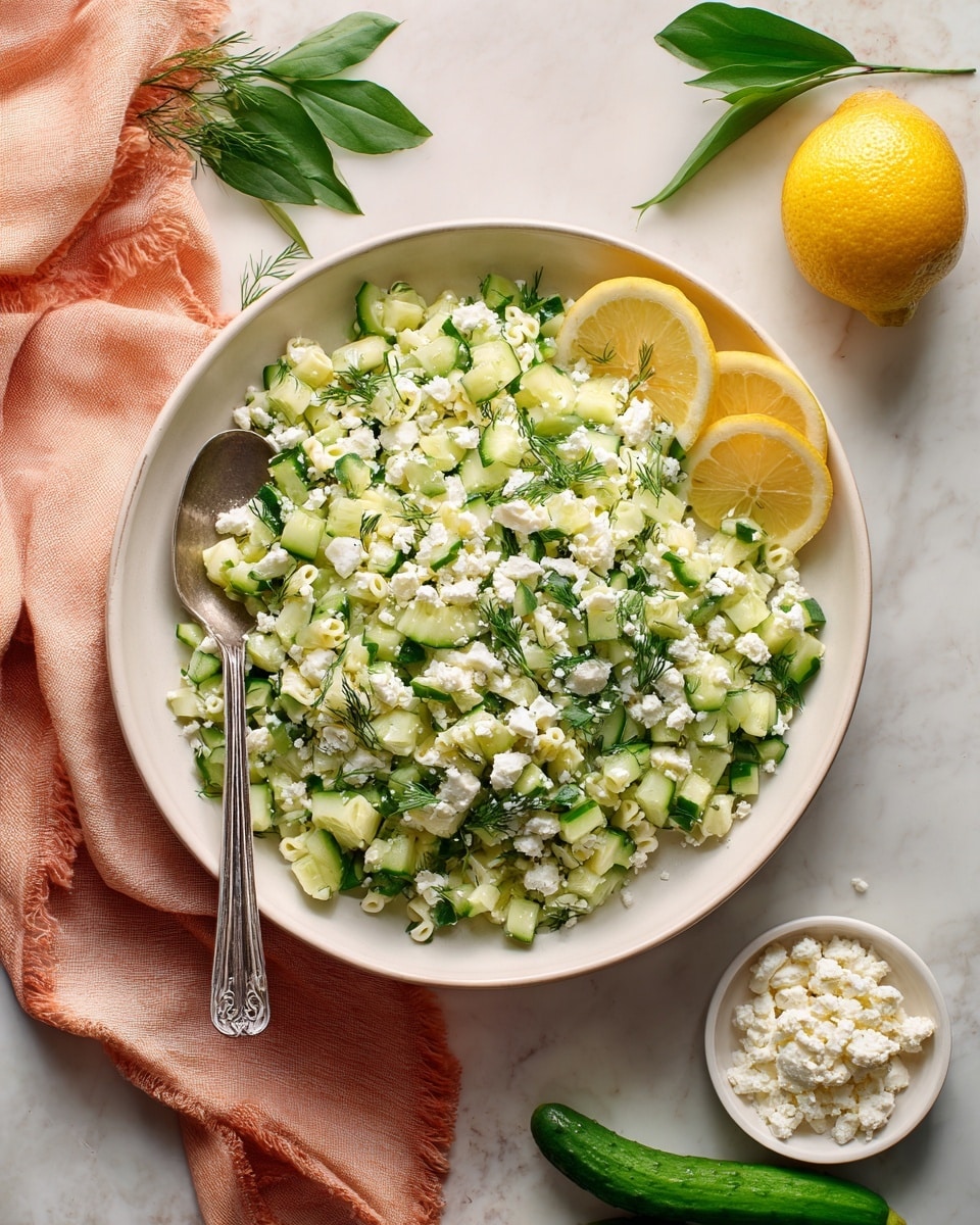 A large white bowl filled with a light salad made of small pasta, chopped green cucumbers, and bits of fresh dill, all mixed together and topped with scattered white cheese crumbles. On the top right part of the salad, three thin slices of lemon are placed on the side. A silver spoon is resting inside the bowl. The bowl is set on a white marbled surface with a peach cloth on the left, a lemon with a green leaf at the upper right, a small white bowl filled with white cheese crumbles to the right, and two green cucumbers near the bottom right corner. photo taken with an iphone --ar 4:5 --v 7