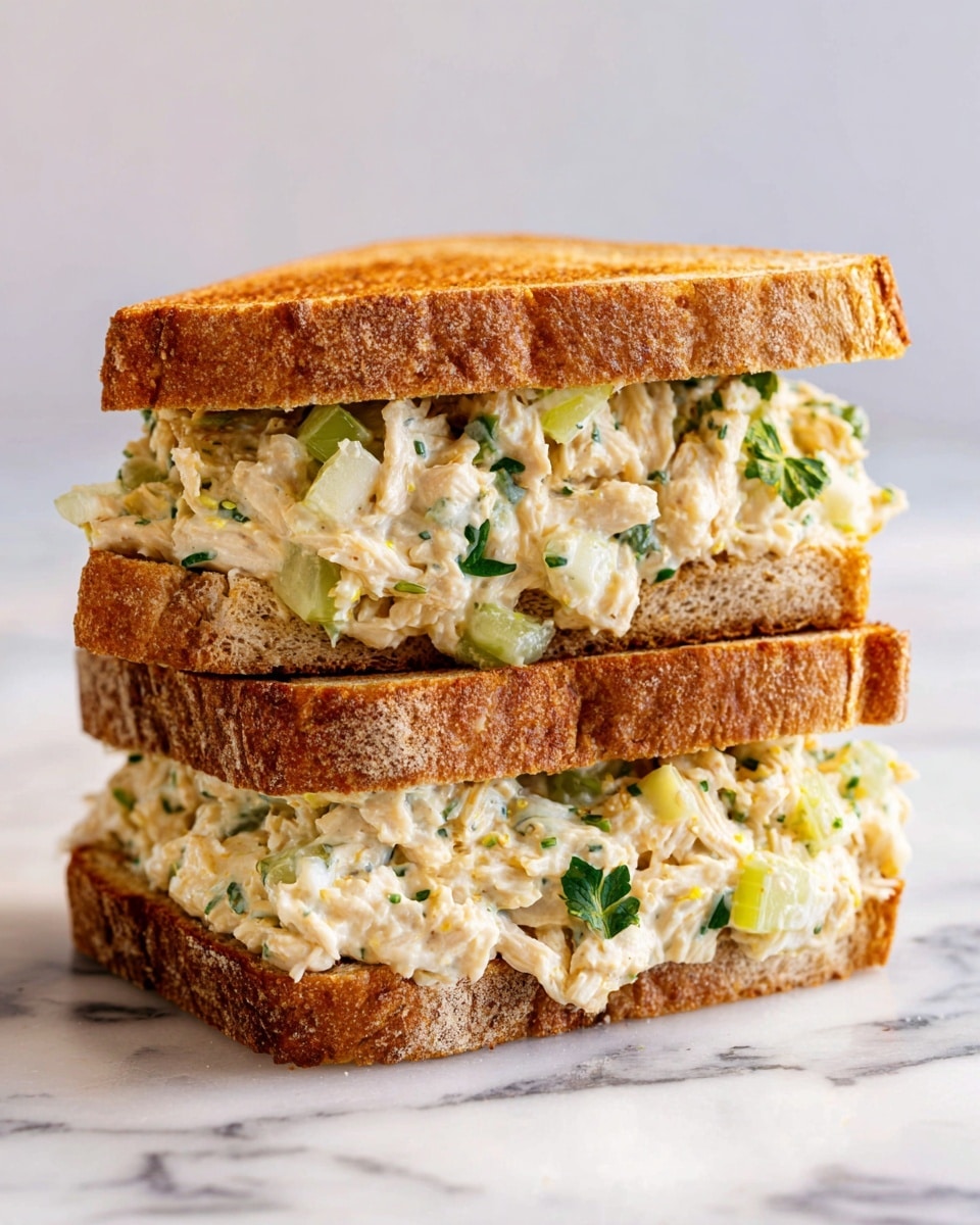 A sandwich made of two slices of toasted whole wheat bread, both golden brown and slightly crispy on the outside. In between, there is a thick layer of chicken salad filling with a mix of small chopped pieces of chicken, celery, and fresh green herbs. The filling looks creamy with some visible chunks giving it texture, and there are hints of light yellow and green colors from the dressing and vegetables. The sandwich sits on a white marbled surface. photo taken with an iphone --ar 4:5 --v 7