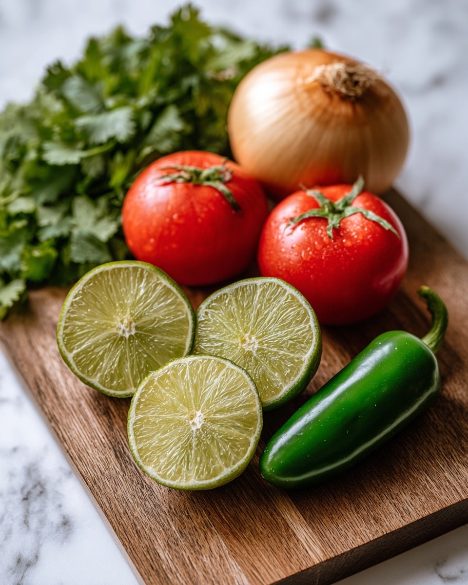 A wooden cutting board sits on a white marbled surface, holding fresh ingredients arranged in a loose cluster. At the front, there are two lime halves showing their pale green, juicy interior. Next to them is a single green jalapeño pepper with a smooth, shiny skin. Behind these, there are three red tomatoes on vine with a glossy, firm texture. To the right, a bunch of green cilantro leaves rests with a slightly ruffled texture. At the back of the board, a whole onion with smooth pale yellow skin completes the arrangement. Photo taken with an iphone --ar 4:5 --v 7