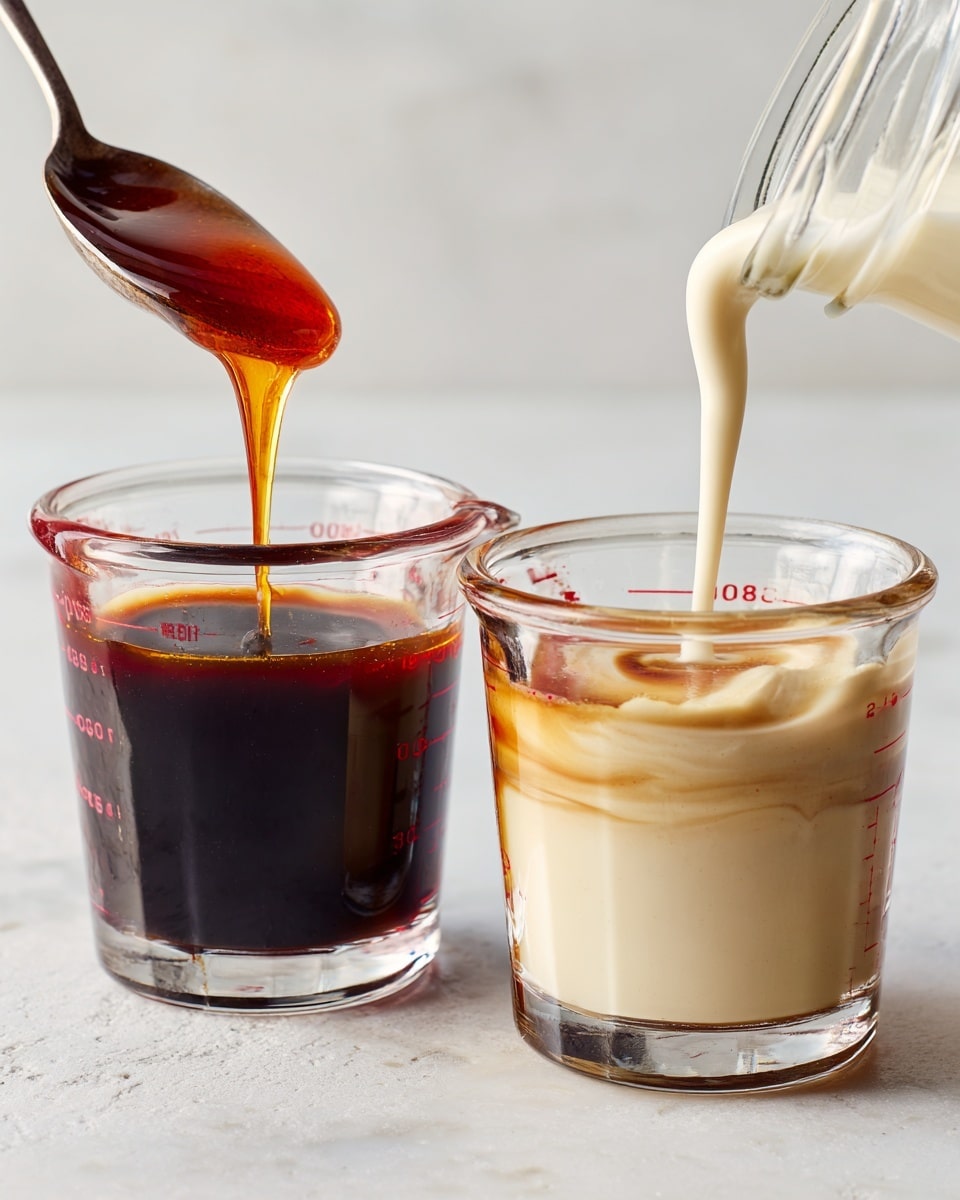 The image shows two clear glass measuring cups side by side on a white marbled texture. The left cup has a dark brown liquid filling about half of the cup with a smooth, shiny surface. Above it, a spoon holds a thick amber-colored syrup, dripping slowly into the dark liquid below. The right cup contains a light beige creamy liquid filling about three-quarters of the cup. A clear jar pours a white creamy liquid into the cup, creating soft, swirling patterns on top of the beige liquid. The text and measurements on both measuring cups are bright red. Photo taken with an iphone --ar 4:5 --v 7