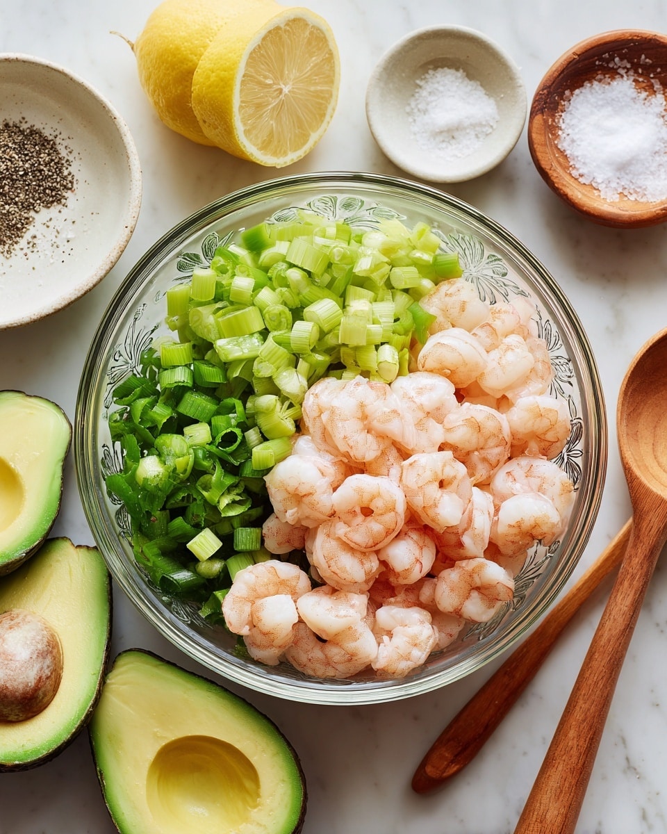 A clear glass bowl with a floral pattern holds three main layers: bright green chopped celery on the left, dark green sliced scallions at the bottom right, and a pile of pale pink cooked shrimp placed on top and slightly covering the other layers. The bowl sits on a white marbled surface, surrounded by halved avocados with dark green skin and lighter green flesh on the left, a half lemon at the top left, a small white bowl with crushed black pepper at the top center, a small bowl with white salt and a tiny wooden spoon at the top right, and a wooden spoon resting on the right side. photo taken with an iphone --ar 4:5 --v 7