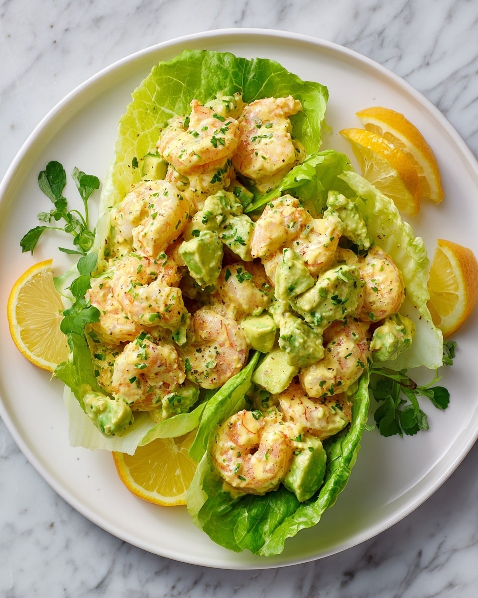 A white plate holds a shrimp salad laid on a bed of large green romaine lettuce leaves. The salad has peeled, pink shrimp mixed with light green avocado pieces and pale green chopped celery, all coated in a creamy yellowish dressing with visible green herbs. Bright yellow lemon wedges are placed around the plate edges on top of the lettuce. There are sprigs of flat green parsley sprinkled throughout the salad. The plate is resting on a white marbled surface with a soft natural light casting gentle shadows. photo taken with an iphone --ar 4:5 --v 7