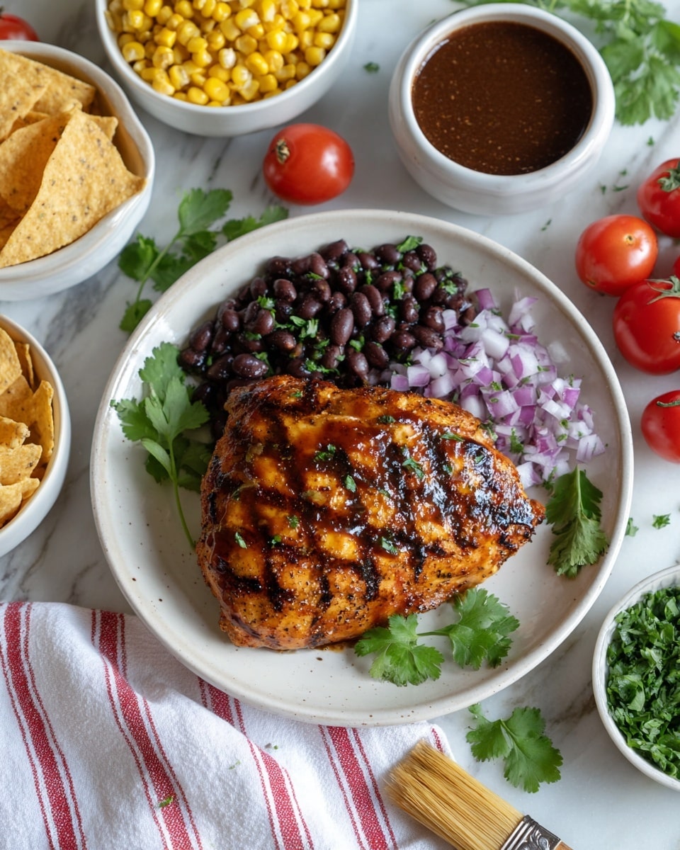 A white plate holds one grilled chicken piece with visible grill marks and a shiny brown sauce on top, resting beneath a wooden brush. Around the plate, there are small white bowls filled with black beans, bright yellow corn, and chopped red onions, arranged on a white marbled surface with scattered tortilla chips, cherry tomatoes, and fresh green cilantro leaves. Near the top, there is a small white bowl of dark brown sauce on a white cloth with red stripes. photo taken with an iphone --ar 4:5 --v 7