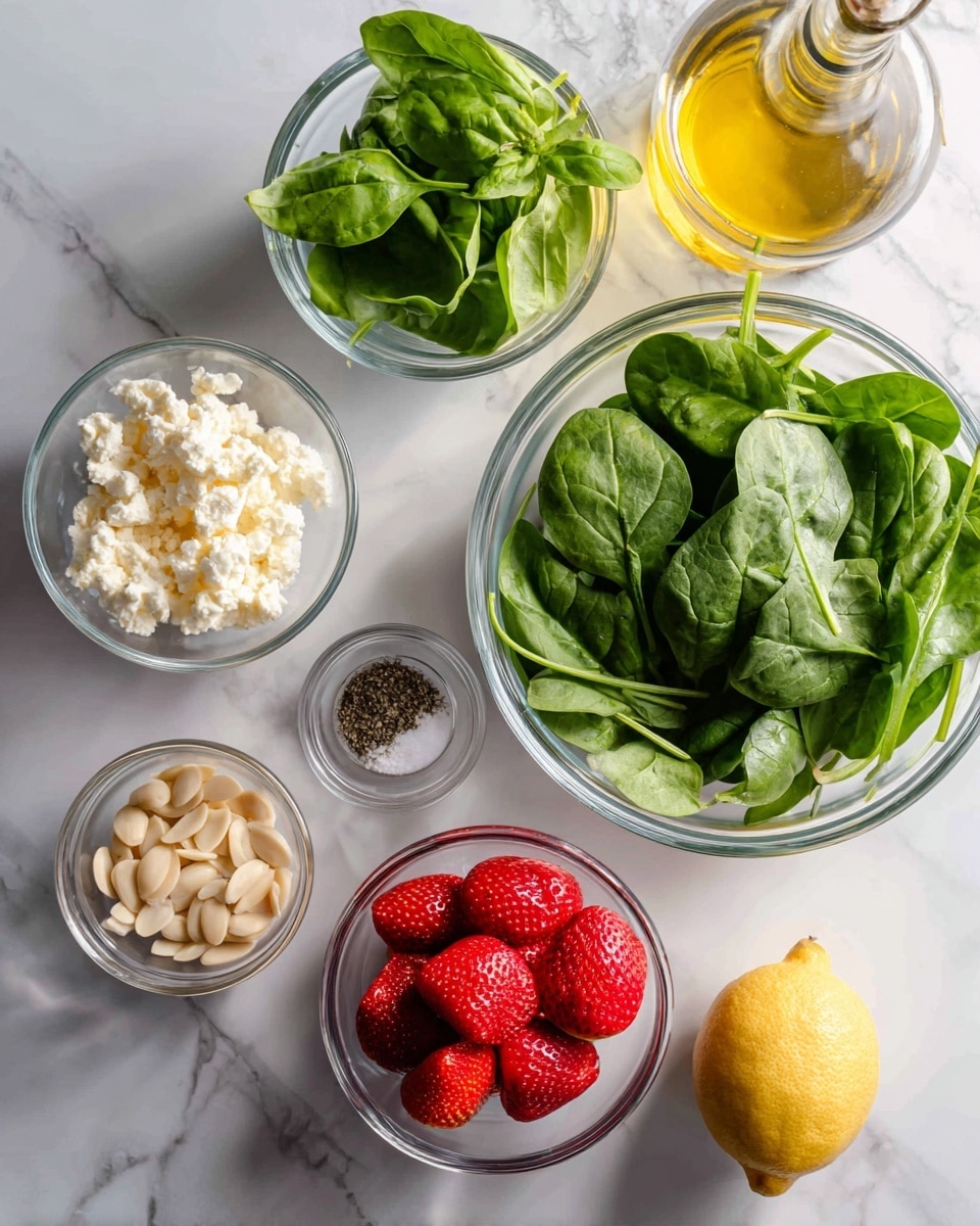 The image shows seven clear glass bowls and a lemon arranged on a white marbled surface. The largest bowl, on the right, is full of fresh green spinach leaves. To its left, there is a small glass bowl filled with fresh green basil leaves. Below that, there is a small glass bowl with bright red strawberries. Above the strawberries, there is a bowl containing pale white crumbled cheese. To the left of that, there is a small bowl with light brown sliced almonds. Near the center top, there is a tiny bowl with ground black pepper and salt. Above these, there is a clear bottle filled with golden olive oil. Finally, a whole yellow lemon rests on the surface near the top right side. Photo taken with an iphone --ar 4:5 --v 7