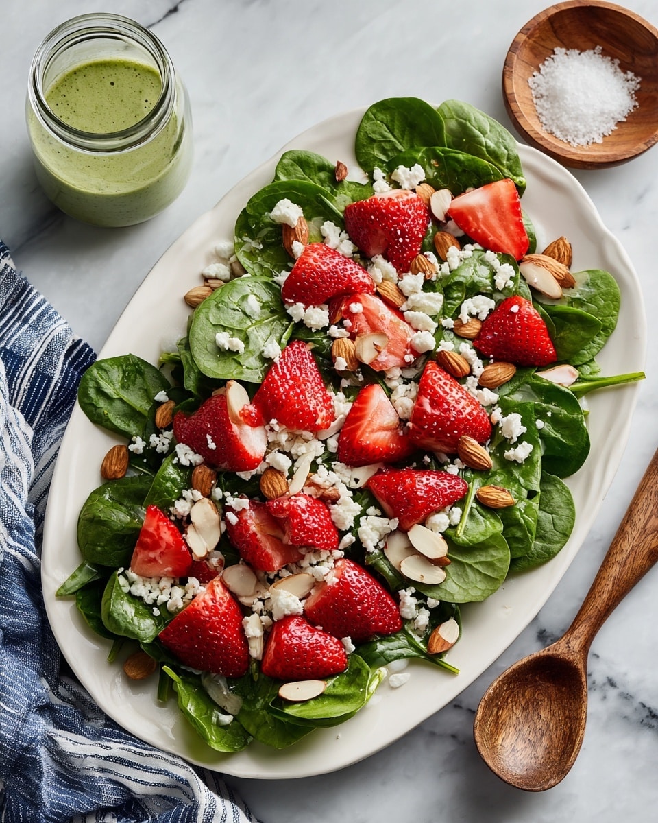 An oval white plate holds a fresh salad with one base layer of bright green spinach leaves spread evenly. On top of the spinach, there are scattered sliced red strawberries, roughly cut into halves and quarters, showing their juicy insides. White crumbled cheese pieces are sprinkled generously over the spinach and strawberries, adding texture and contrast. Thin, light brown almond slices are spread evenly across the salad, creating a crunchy layer. Around the plate, on the white marbled surface, there is a small glass jar of green dressing and a small wooden bowl with coarse salt. A blue and white striped cloth is partially visible on the left side. Photo taken with an iphone --ar 4:5 --v 7