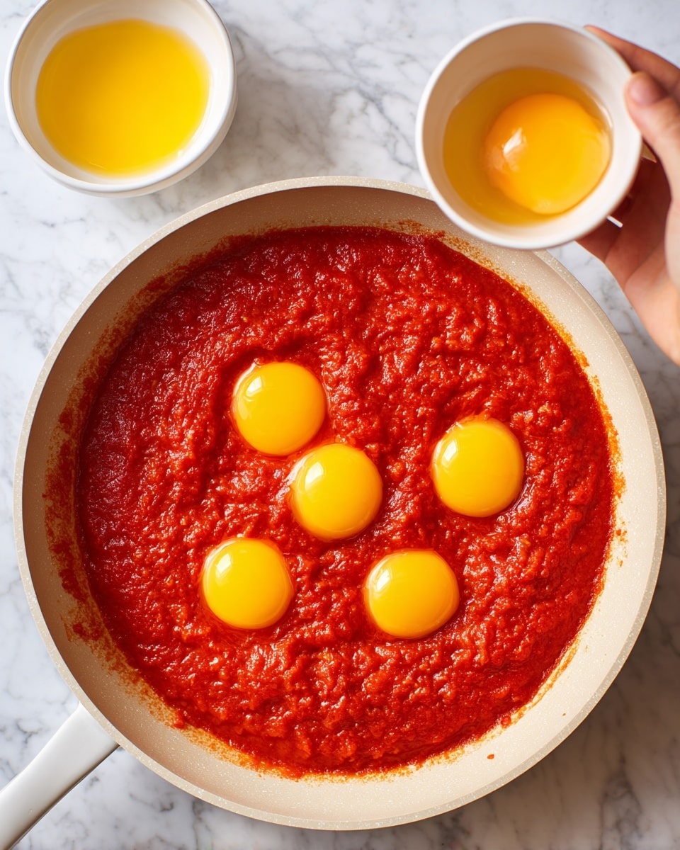 A white pan filled with thick, bright red tomato sauce with a textured, slightly chunky surface. Three bright yellow egg yolks sit on top of the sauce, spaced out evenly near the center and upper right of the pan. A woman's hand is holding a small white bowl with another bright yellow egg yolk above the pan, about to add it to the sauce. The background is a white marbled surface. photo taken with an iphone --ar 4:5 --v 7