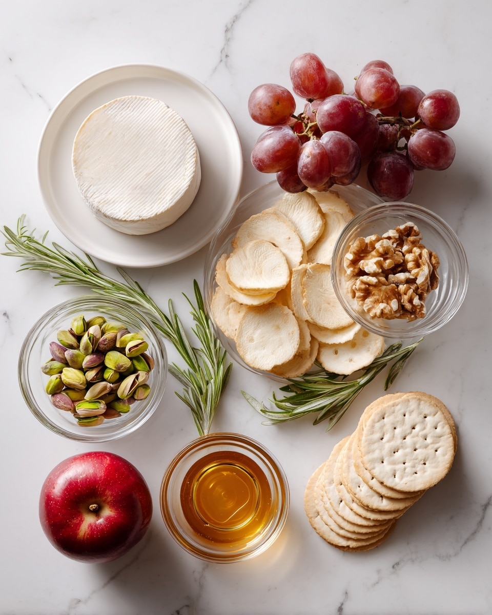 The image shows several ingredients neatly arranged on a white marbled surface. At the center right is a clear glass bowl filled with many small, light beige toasted bread slices with a soft texture. To the left, on a white plate, there is a round wheel of white cheese with a smooth surface. Above the cheese is a whole red apple with a shiny skin. To the right of the apple, a small clear glass bowl holds green and brown pistachios, and below it, another clear glass bowl contains light brown walnut halves. Next to the walnuts, a small bowl with light amber honey is placed. Above the honey, a bunch of red grapes with a smooth texture lies on the surface. To the right of the grapes is a short stack of round, pale beige crackers with small holes. Near the center of the image, two fresh green rosemary sprigs rest between the bread and the small bowls. The photo taken with an iphone --ar 4:5 --v 7