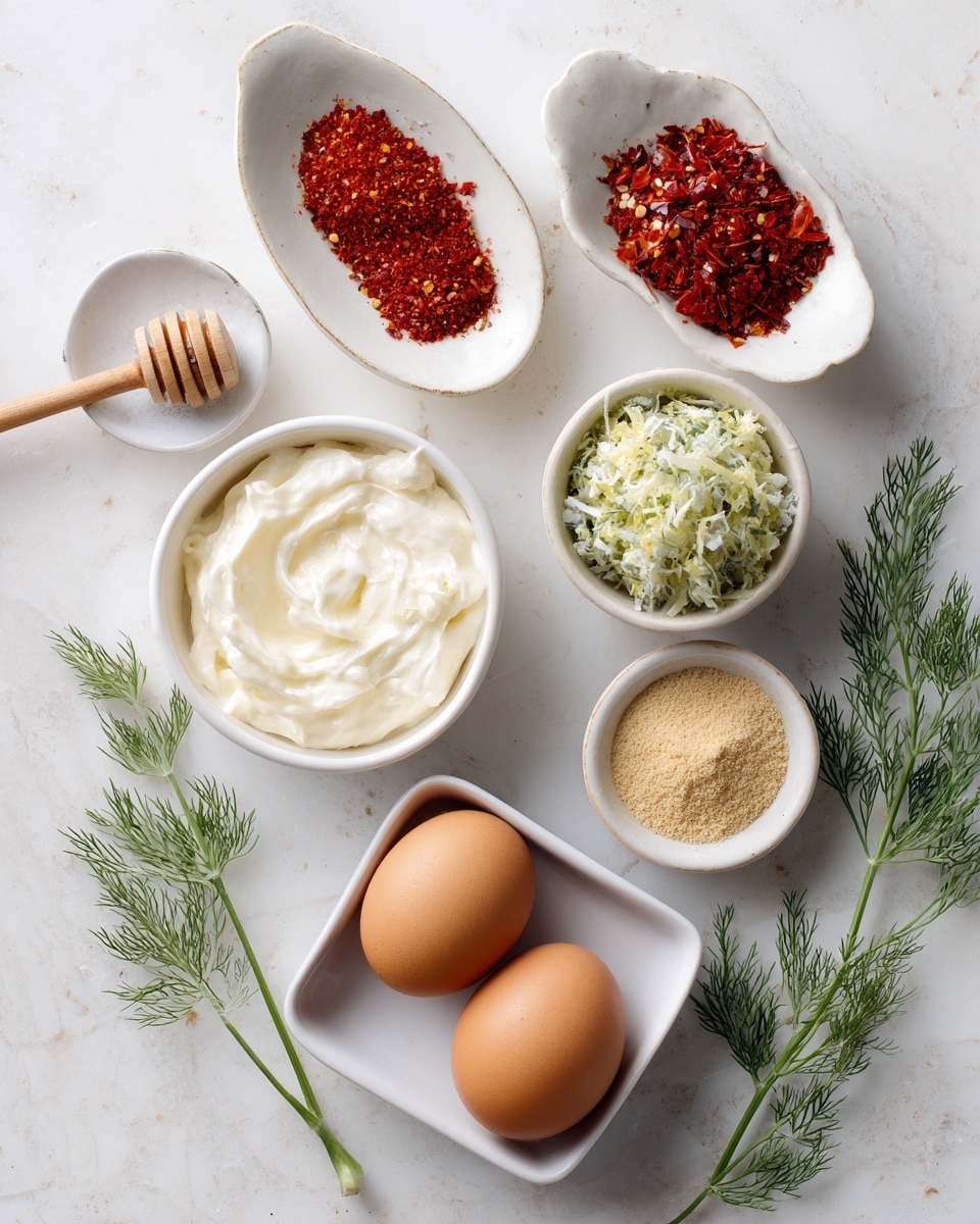 The image shows a white marbled surface with several small white bowls and dishes arranged neatly. There are two brown eggs sitting in a small white square dish at the bottom center. To the left of the eggs, there is a small white bowl filled with a smooth white creamy substance. Above the eggs, there is a small white oval dish with a red powder and another white bowl with crushed red flakes. To the right, a small white bowl contains a light green mixture that looks shredded or finely chopped. Below this, a tan powder sits in a small white bowl with a wooden honey dipper resting on the edge. Fresh green dill sprigs lie at the bottom right of the image. The photo taken with an iphone --ar 4:5 --v 7
