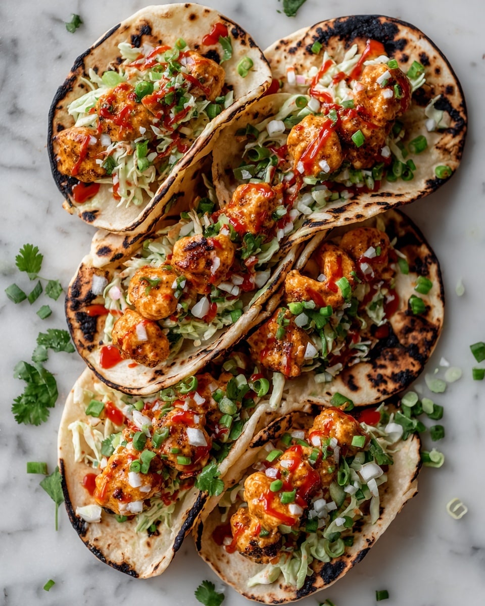 Four tacos are placed close together on a white marbled surface, each made with lightly charred soft tortillas with dark brown spots and curled edges. Inside each tortilla, there is a bottom layer of green and white shredded slaw, looking crunchy and fresh. On top of that, there are several large, round pieces of orange-colored shrimp coated in a creamy sauce. Bright green chopped scallions sprinkle over the shrimp, adding contrast, and a drizzle of bright red sauce runs across the top of each taco. Fresh green cilantro leaves are tucked in and scattered around the tacos, enhancing the presentation. The photo taken with an iphone --ar 4:5 --v 7